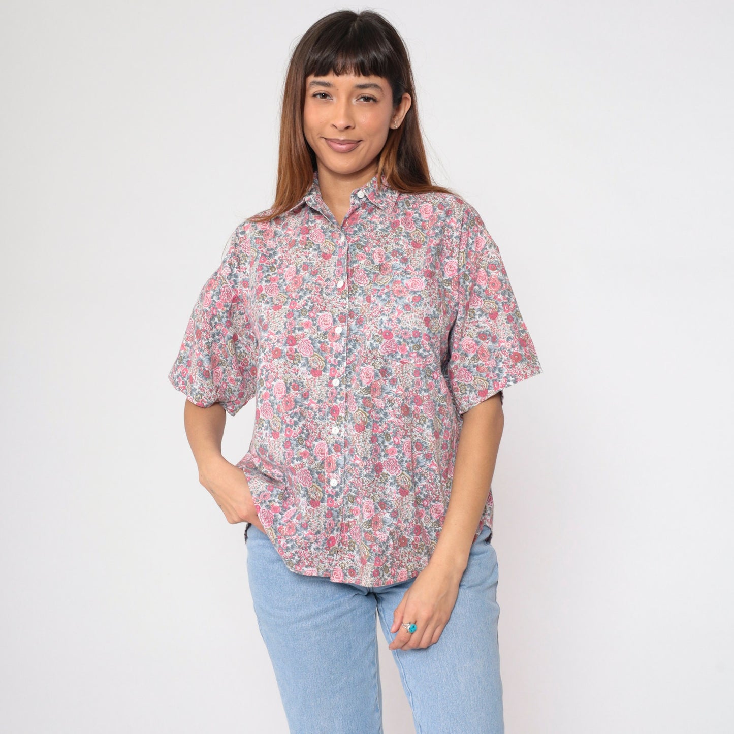 90s Floral Button-Up Shirt Cotton Wildflower Print Short Sleeve Small