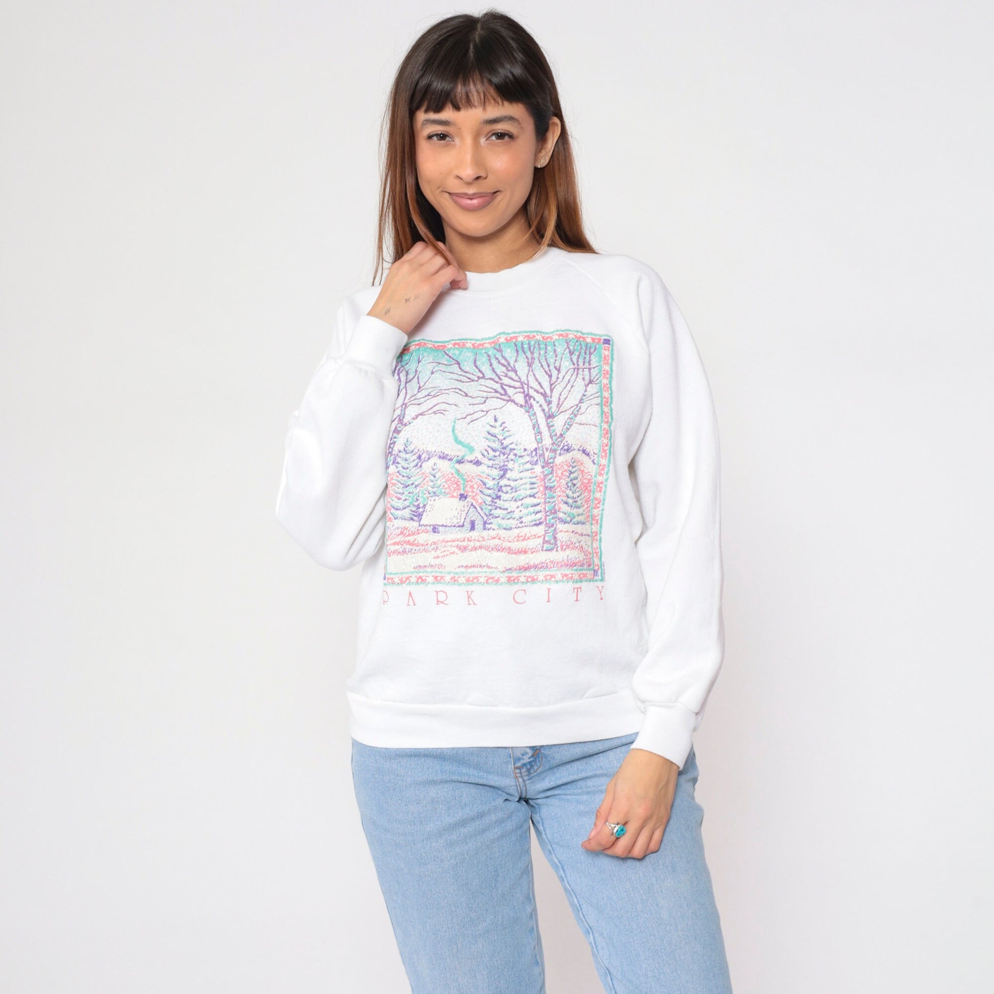 90s Park City Utah Glitter Winter Cabin Sweatshirt White Crewneck Large L