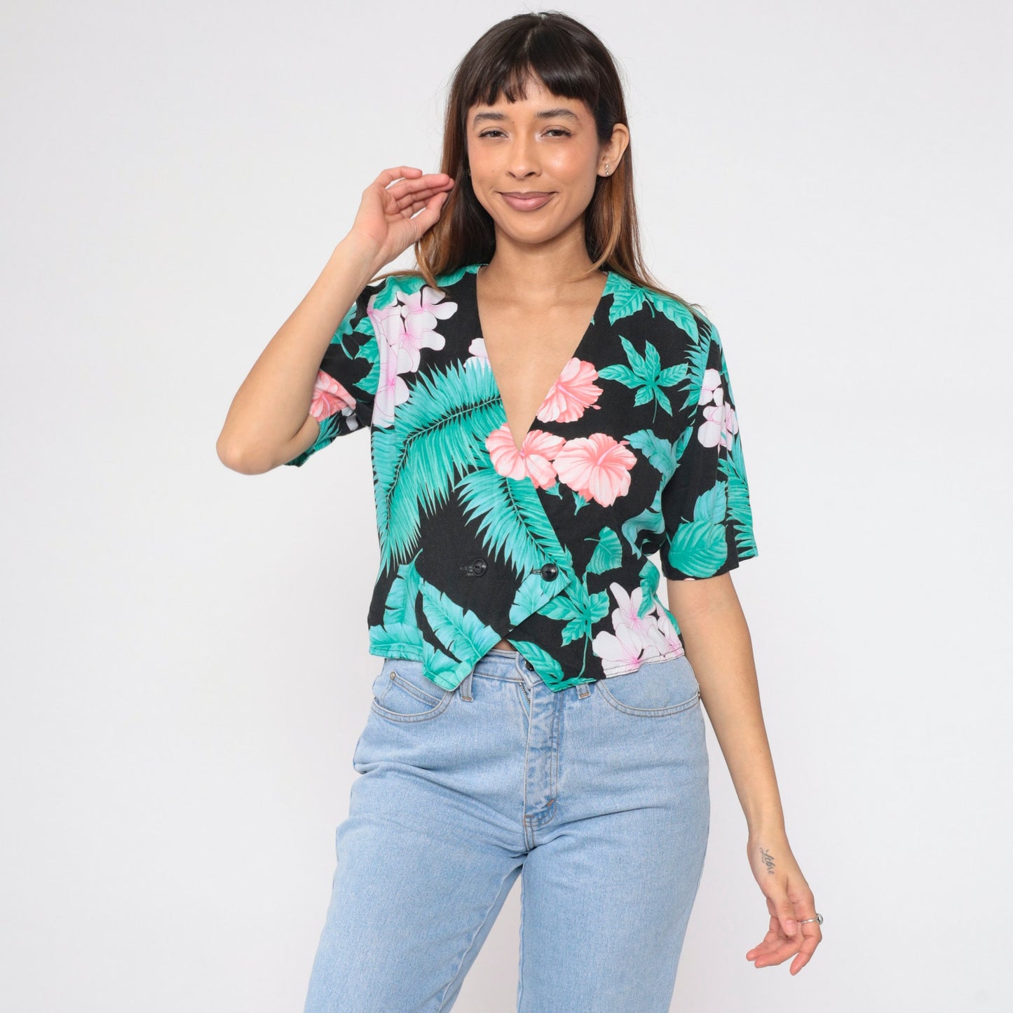 90s Black Tropical Floral Crop Top Double Breasted Blouse Medium M
