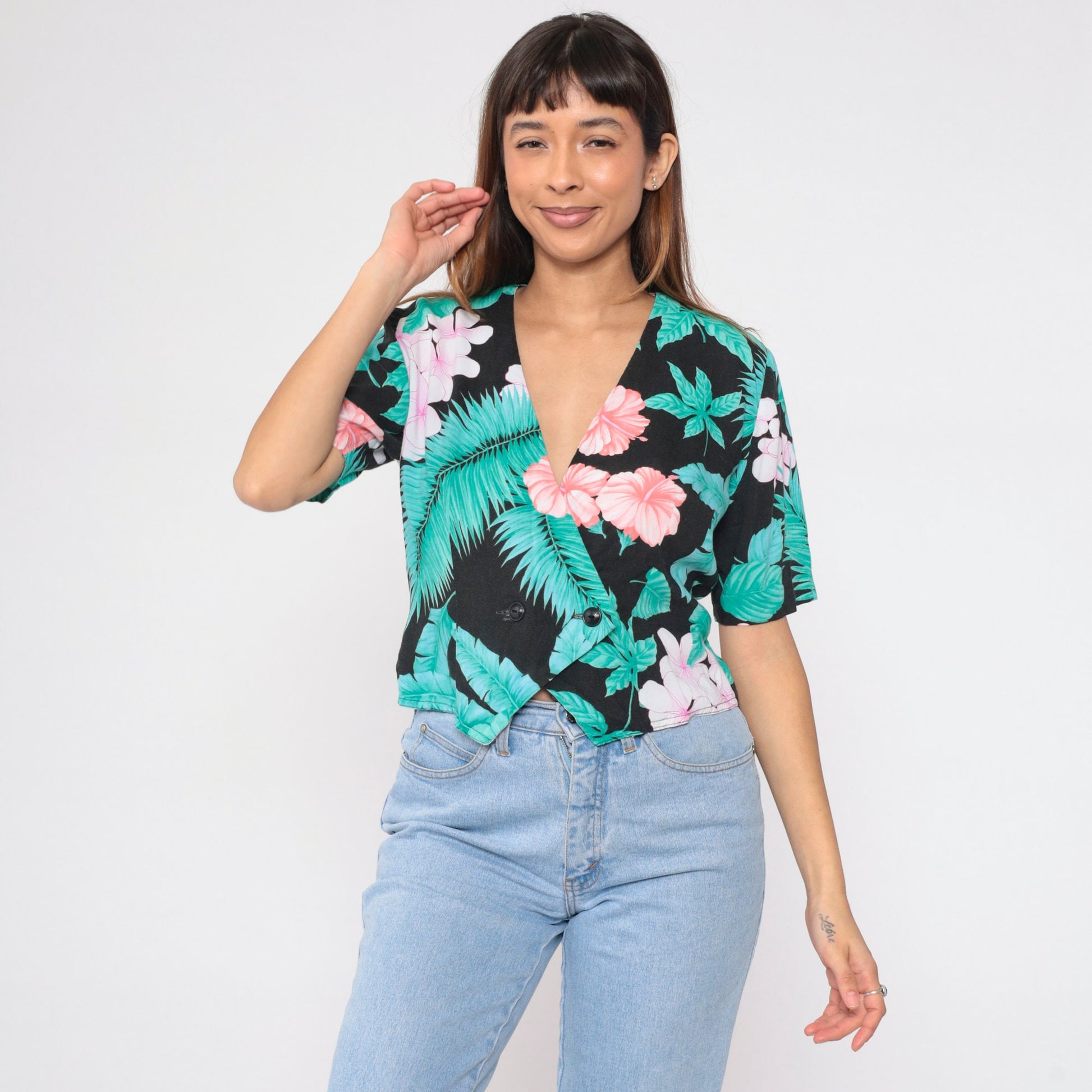 90s Black Tropical Floral Crop Top Double Breasted Blouse Medium M