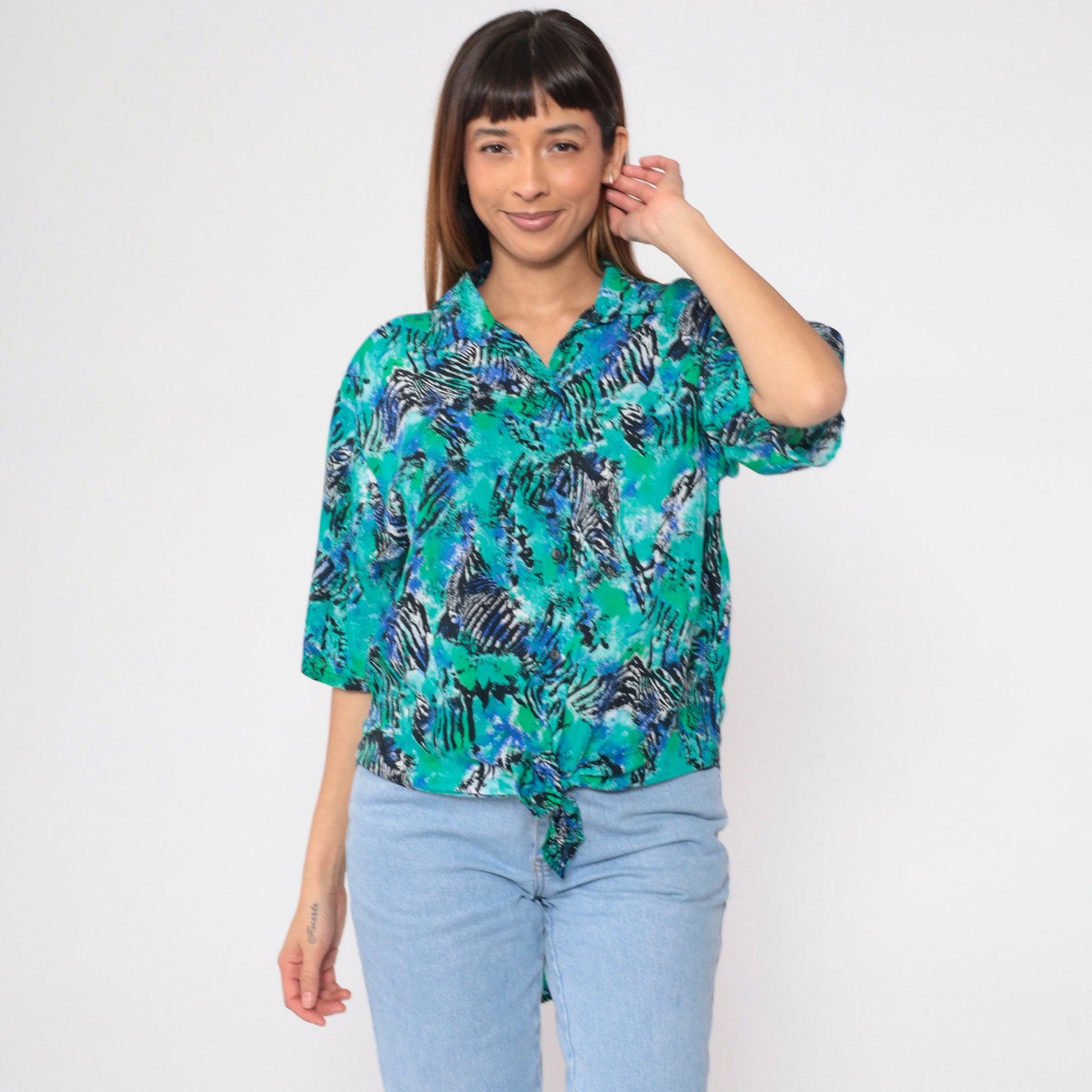 90s Abstract Zebra Print Tie-Front Blouse Blue Green Short Sleeve Medium M