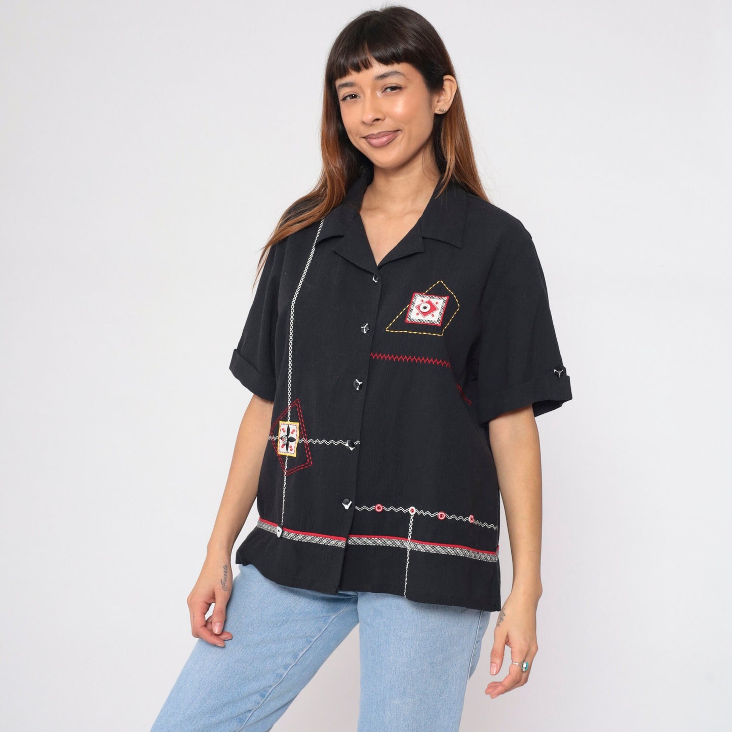 90s Koret Black Button-Up Blouse Abstract Embroidery Beaded Patch Large L
