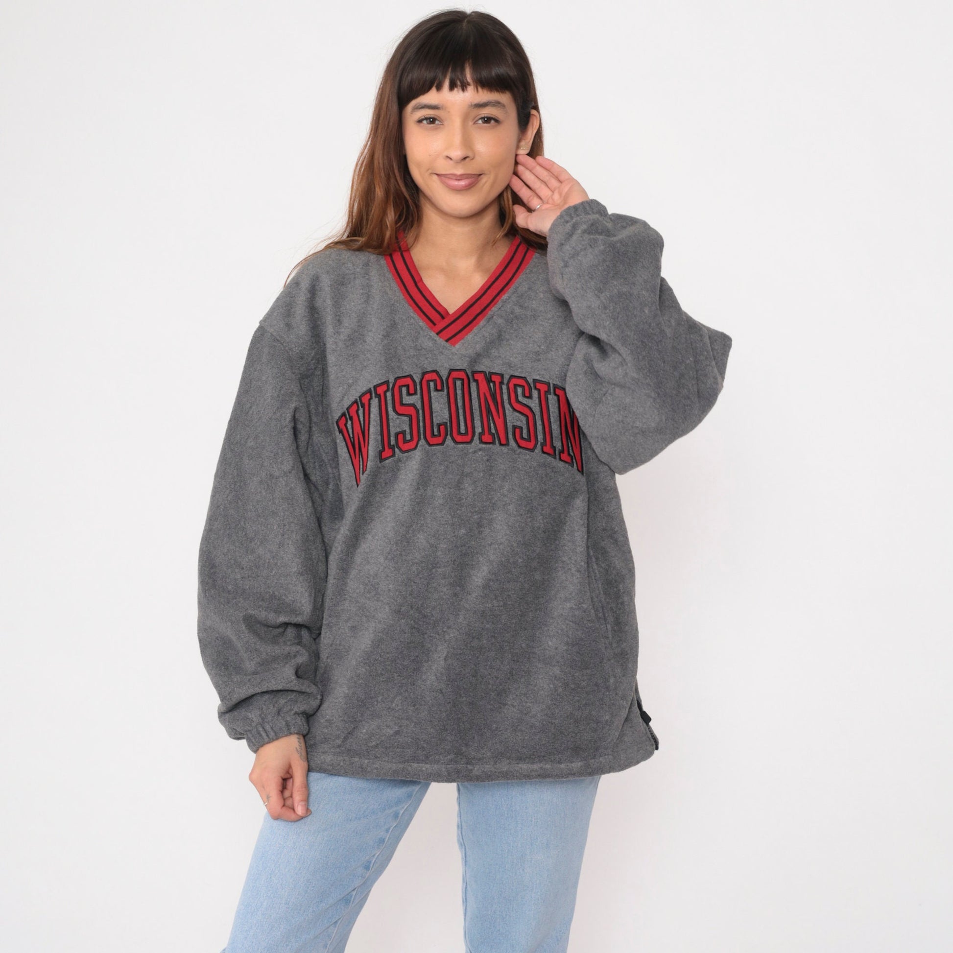 90s Wisconsin Badgers Grey Fleece Windbreaker Pullover V-Neck Medium