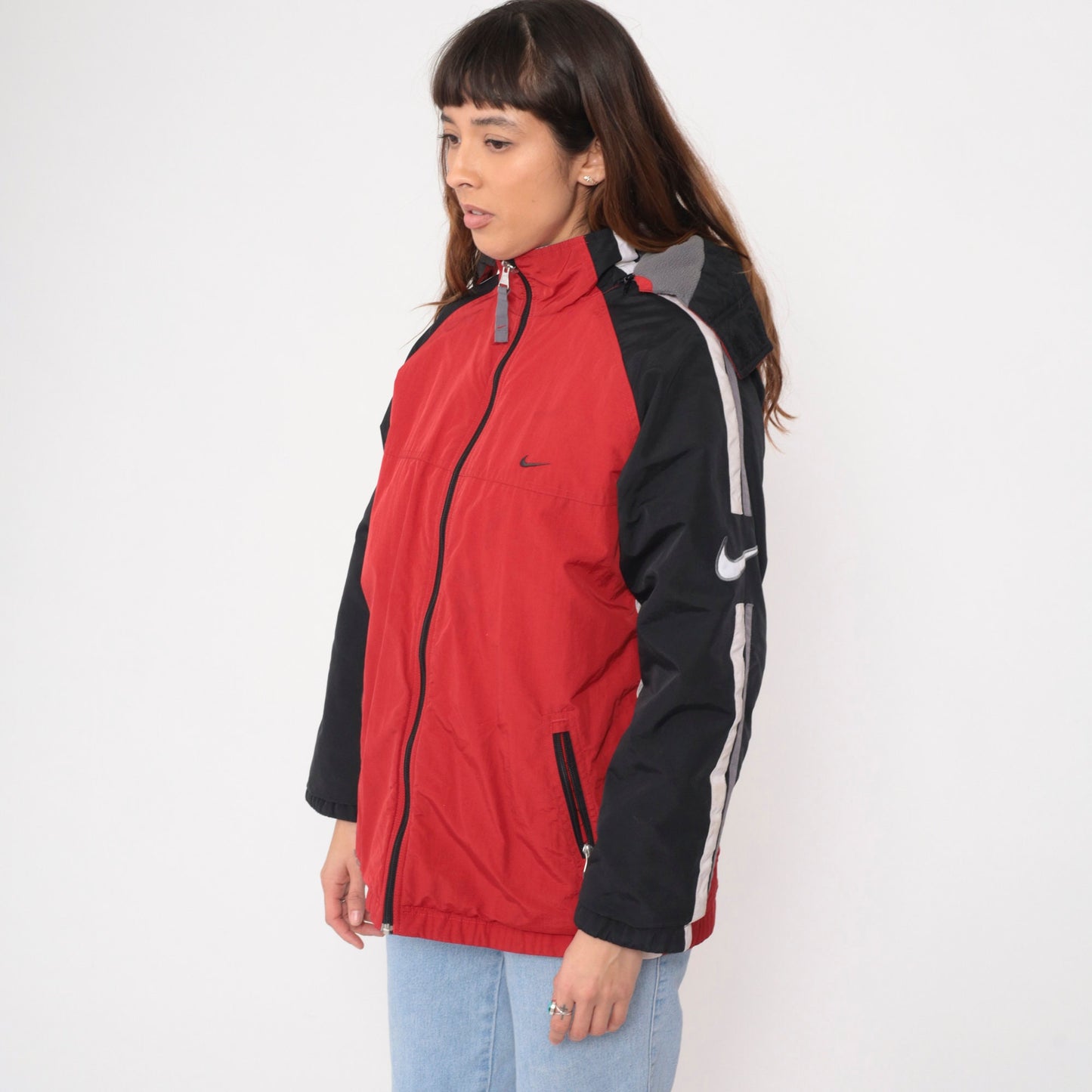 00s Nike Reversible Hooded Windbreaker Jacket Red Grey Nylon Fleece Extra Large