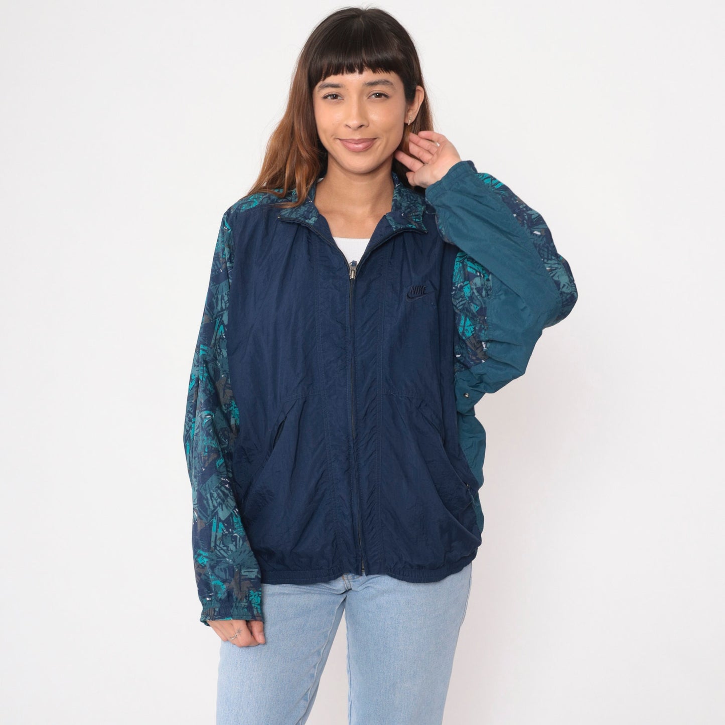 90s Nike Windbreaker Jacket Navy Abstract Print Nylon Zip Jacket Medium