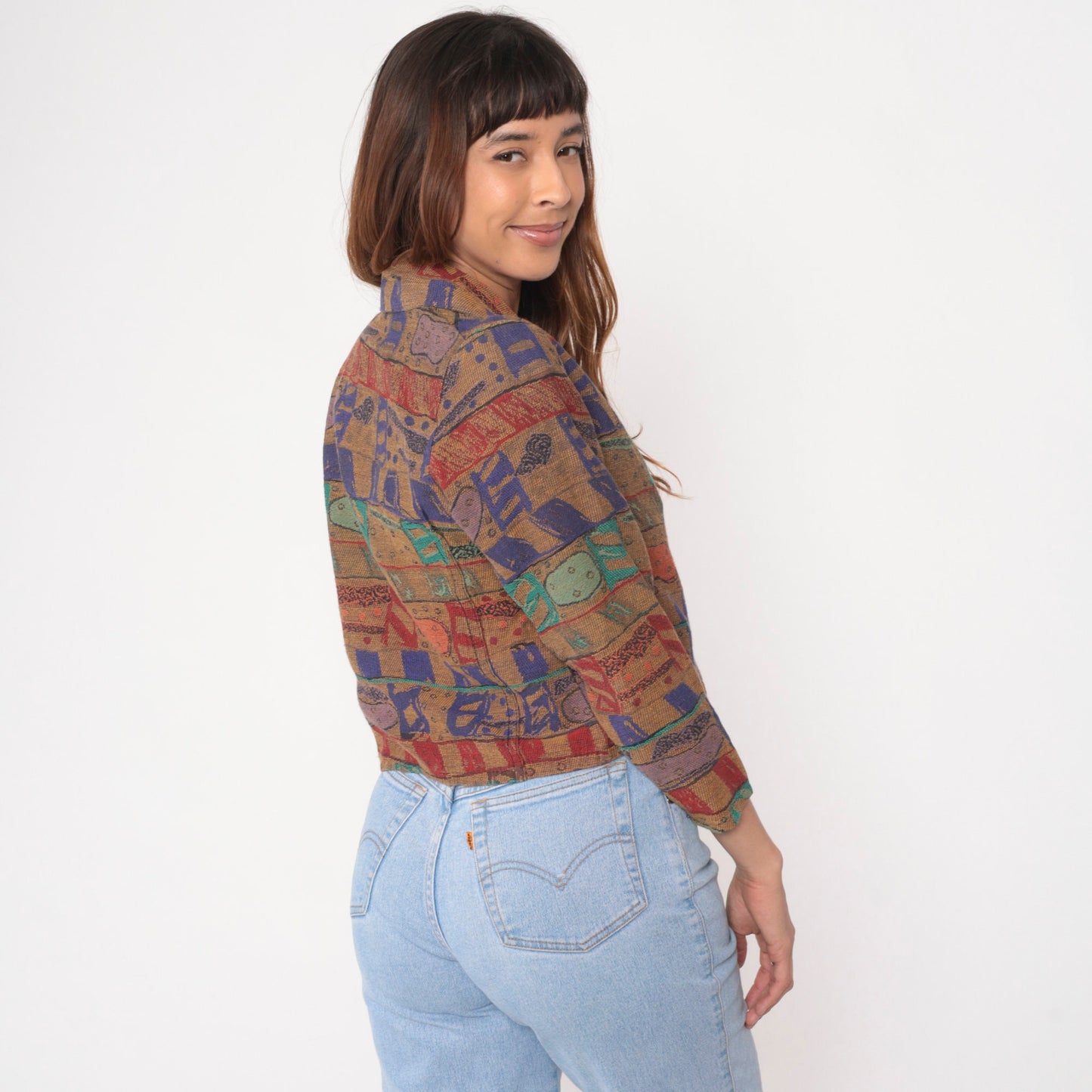 90s Tapestry Blazer Cropped Abstract Geometric Mustard Yellow Purple Extra Small