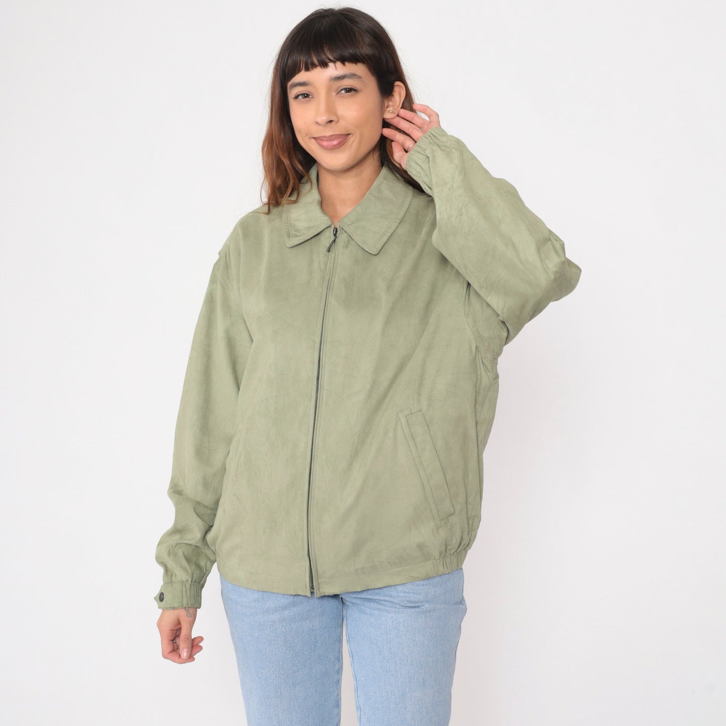 90s Newport Harbor Faux Suede Zip Jacket Light Green Collared Windbreaker Extra Large XXL