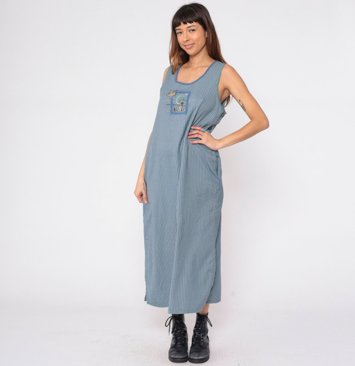 90s Blue Checkered Maxi Dress Embroidered Autumn Tree Sleeveless Pockets Large L