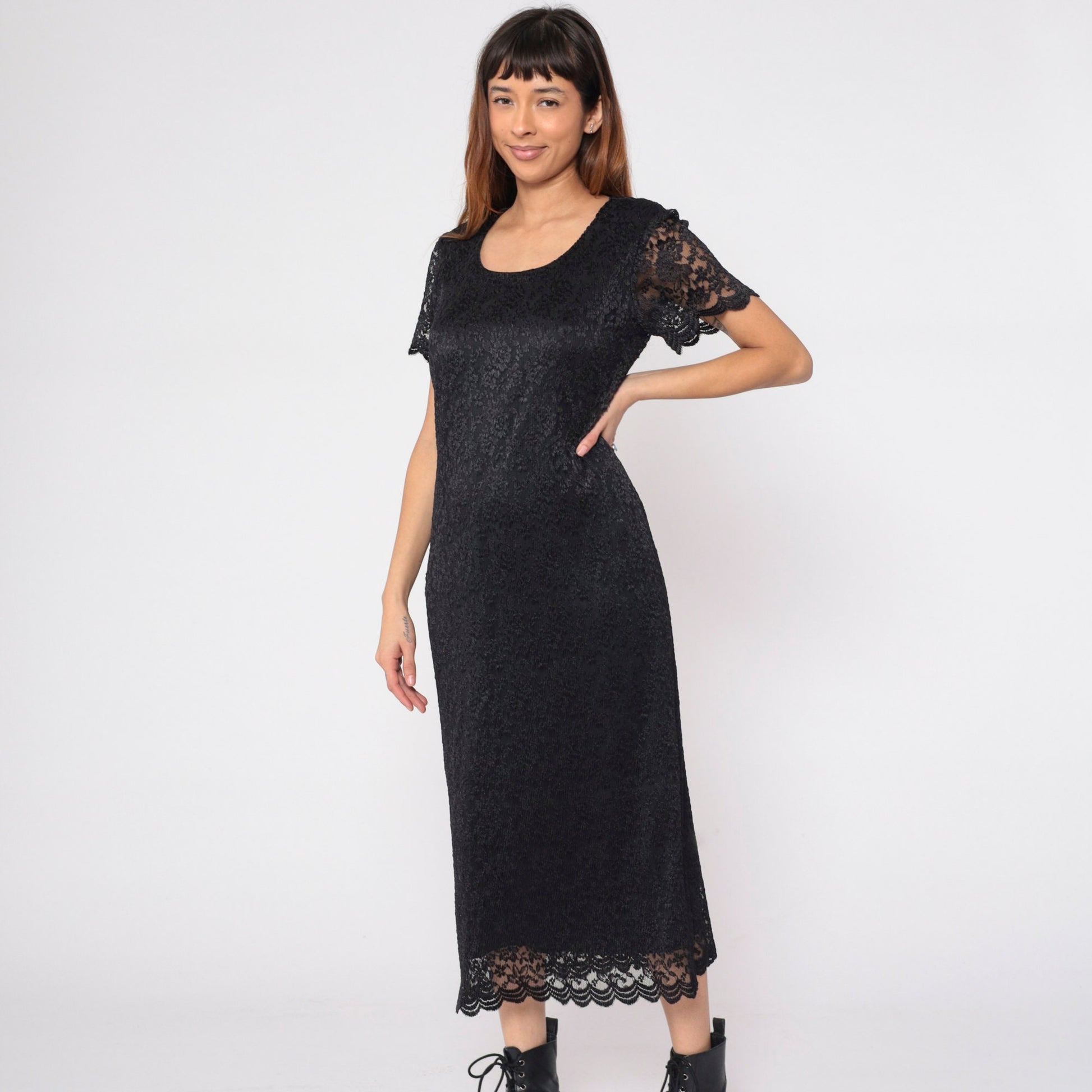 90s Helen Blake Black Lace Floral Midi Dress Scoop Neck Short Sleeve Medium