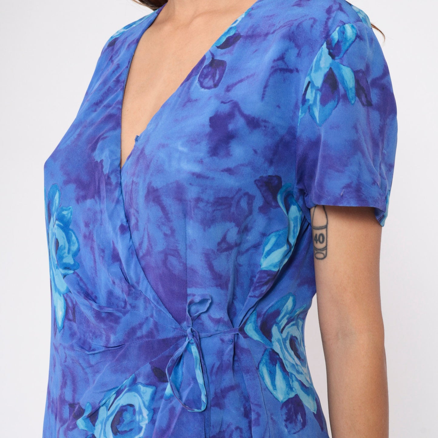 90s Y2K Blue Floral Silk Wrap Dress Waterfall Hem Rose Print Medium