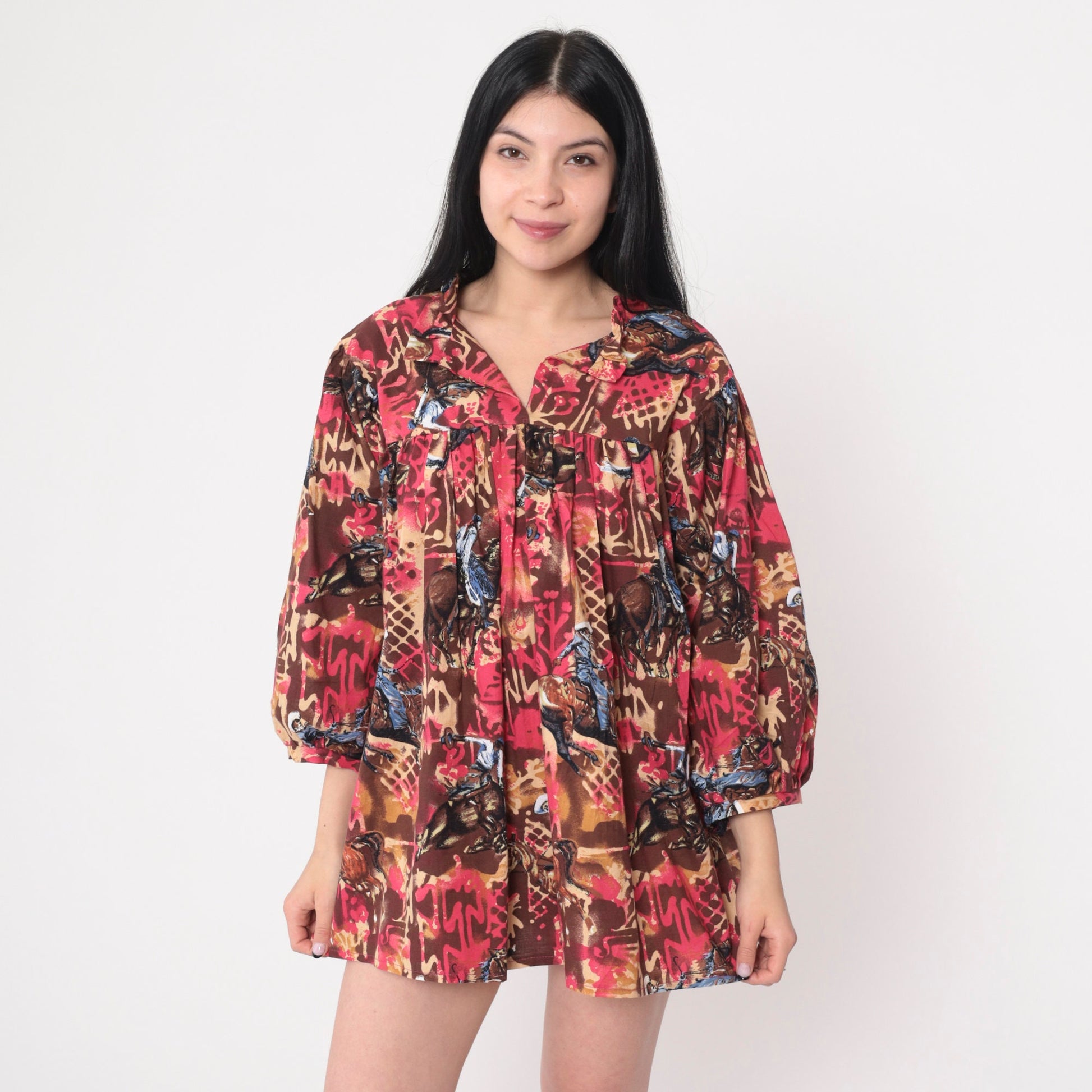 70s Rodeo Print Balloon Sleeve Blouse Red Tent Cut Slit Neckline Large L