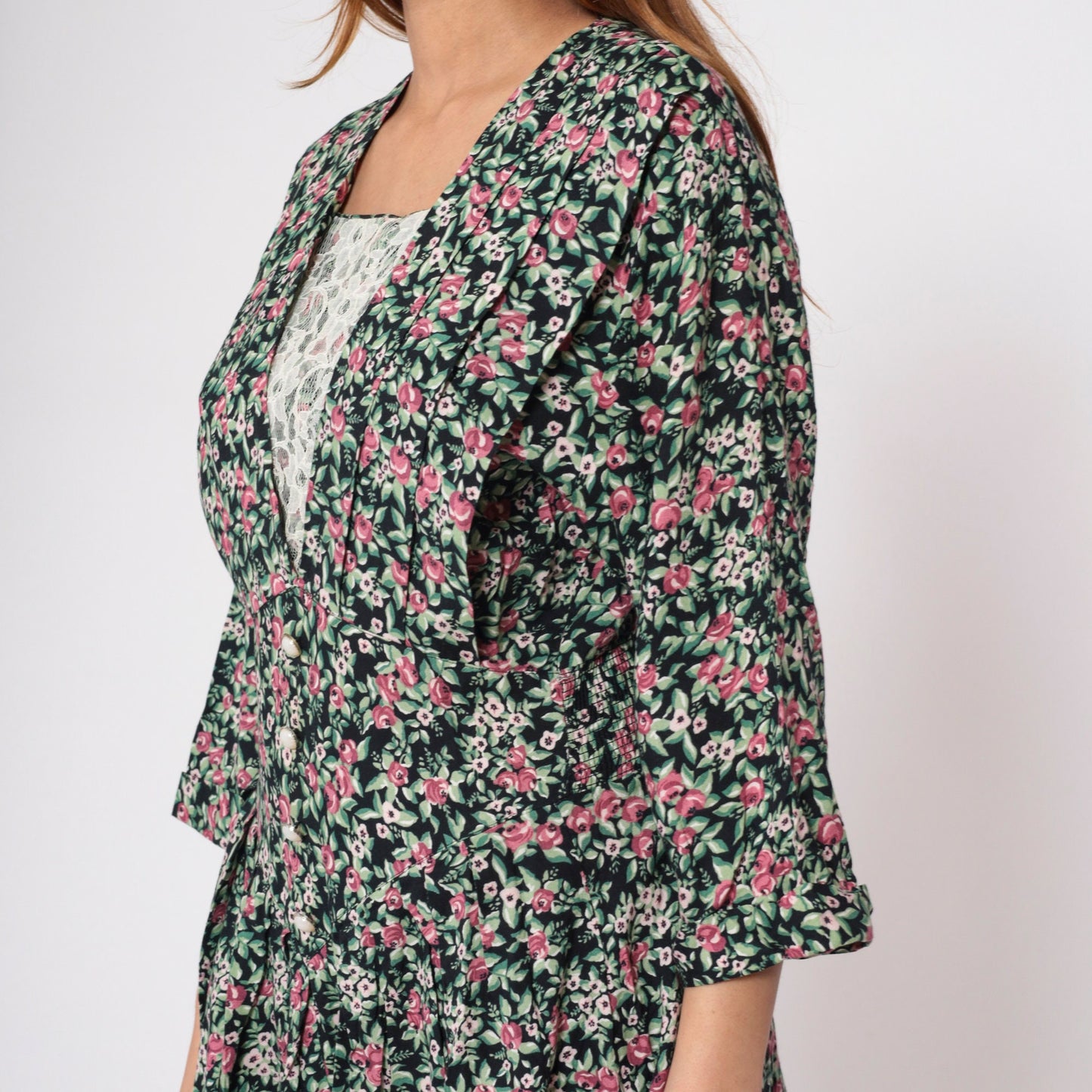 90s Maggie Lawrence Black Floral Midi Dress Basque Waist Lace V-Neck Small S