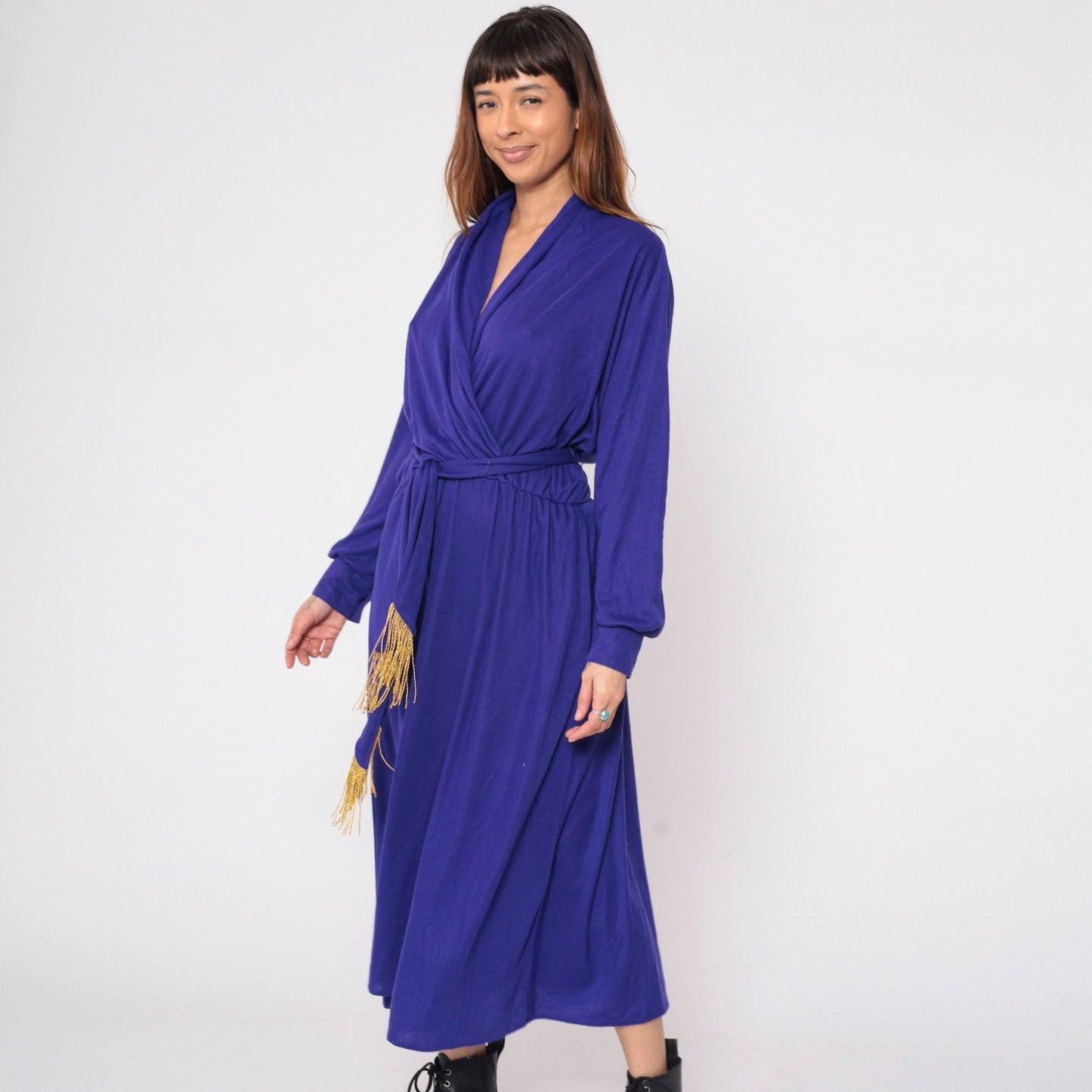 Y2K Purple Wrap Maxi Dress Gold Tassel Long Sleeve Draped Ankle Length Large L