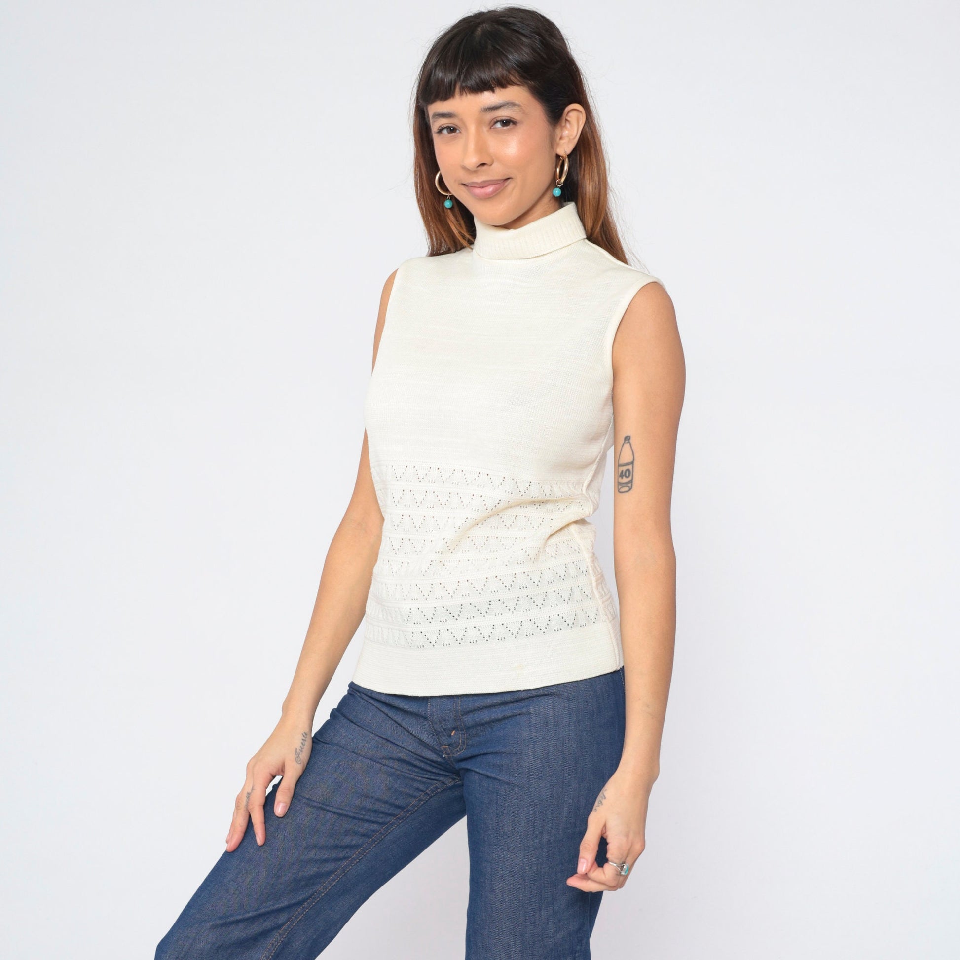 70s Cream Pointelle Knit Tank Top Mock Neck Cutout Sleeveless Small S