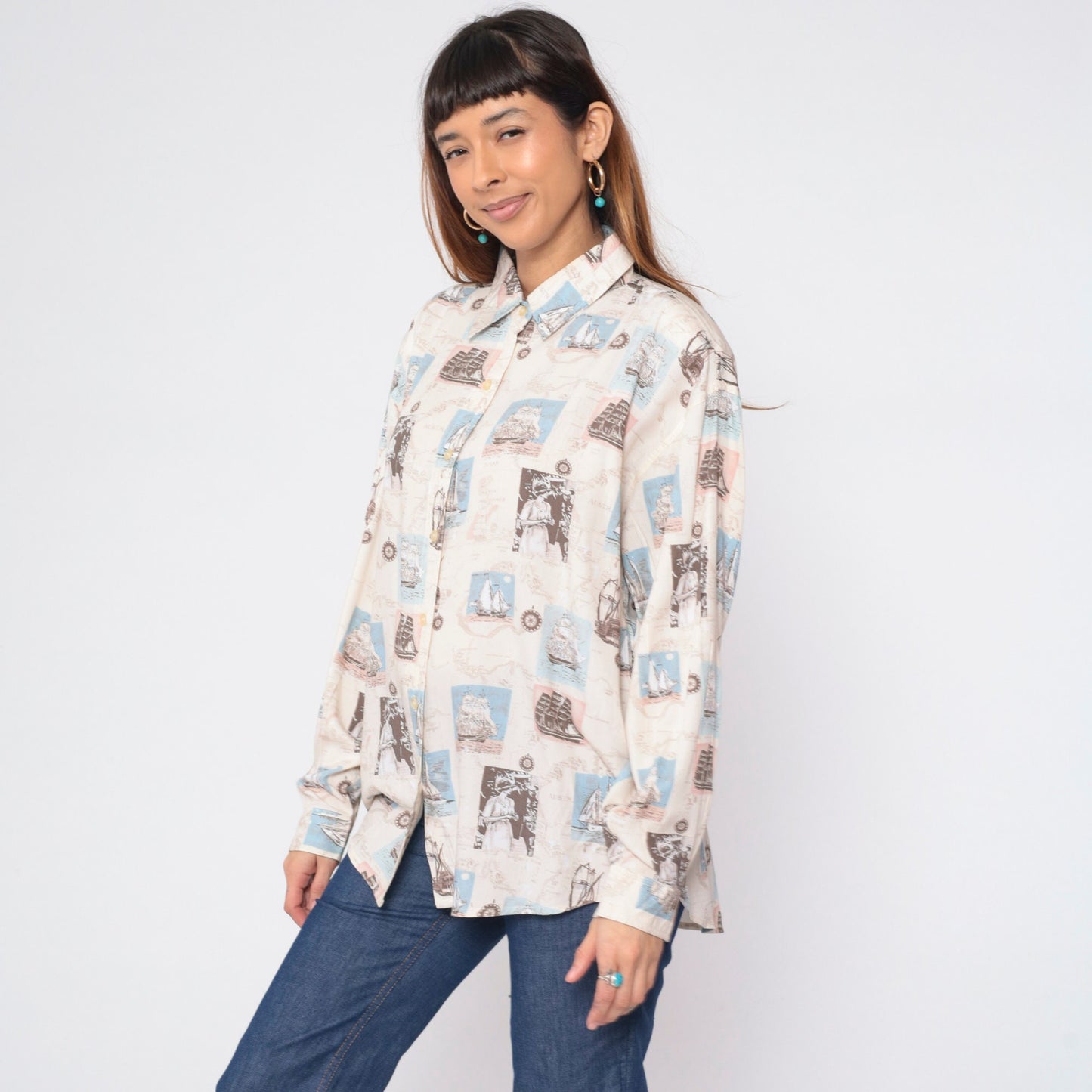90s Bill Blass Nautical Print Button-Up Blouse Sailboat Compass Long Sleeve Large