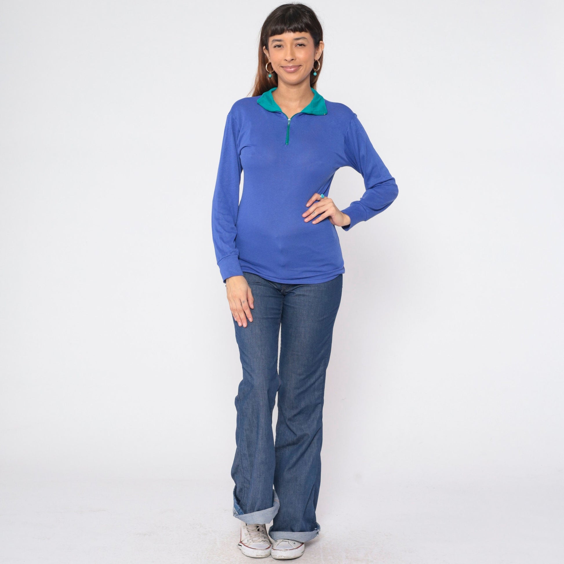 90s REI Quarter Zip Long Sleeve Shirt Blue Green Collar Small Medium