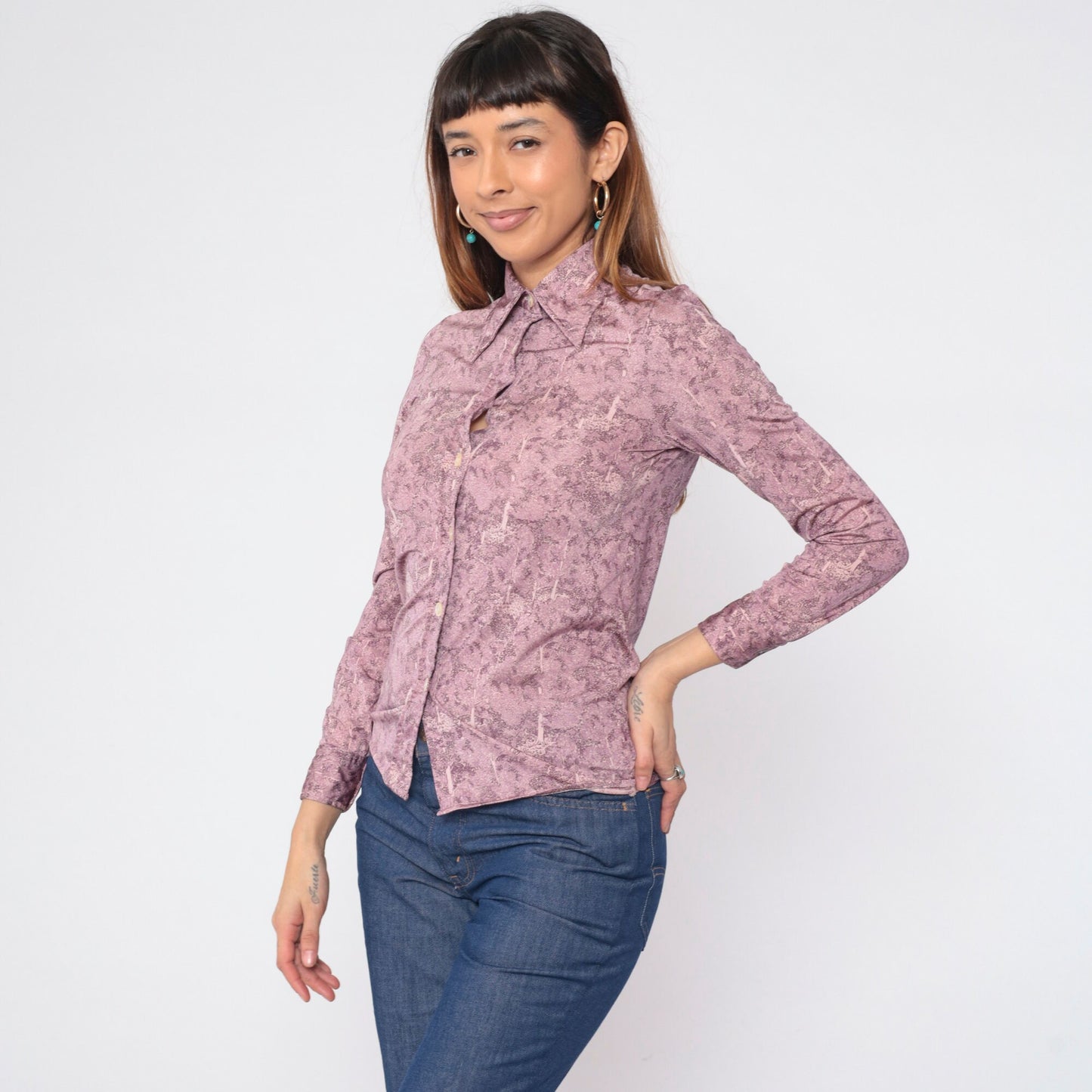 70s Oscar Valentino Tree Print Pink Button-Up Blouse Dagger Collar XS