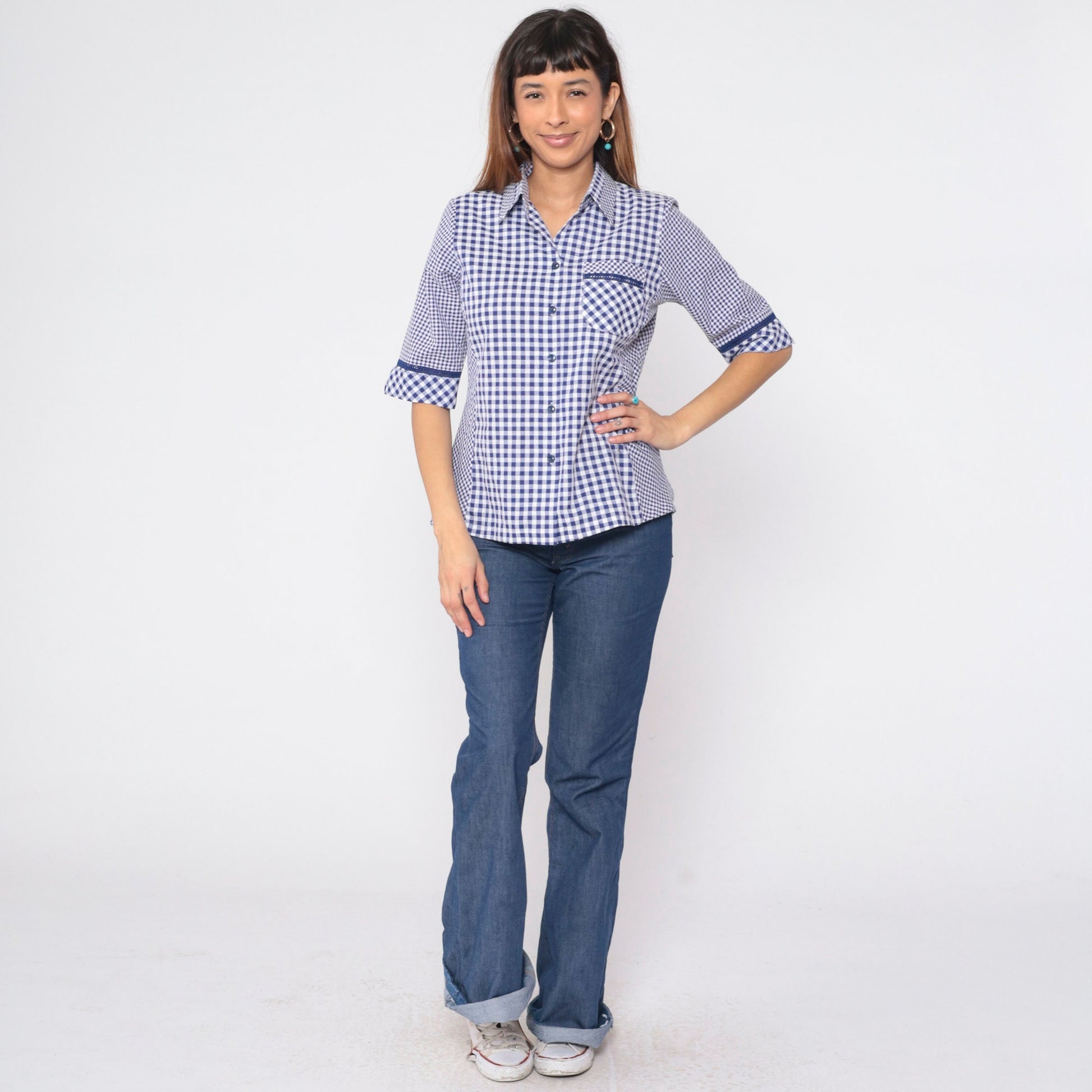 90s Blue White Gingham Button-Up Blouse Half Sleeve Collared Shirt Medium