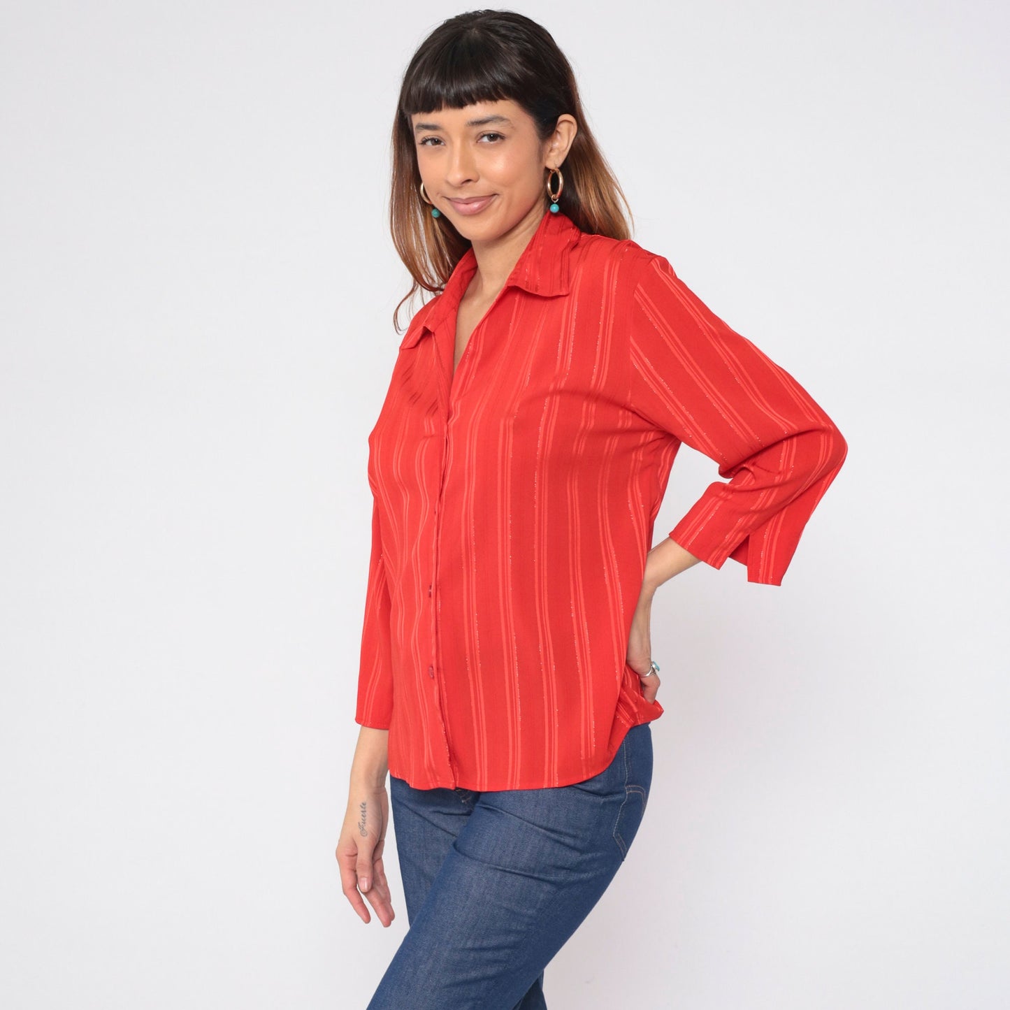 90s Red Metallic Striped Button-Up Blouse Collared V-Neck Large L