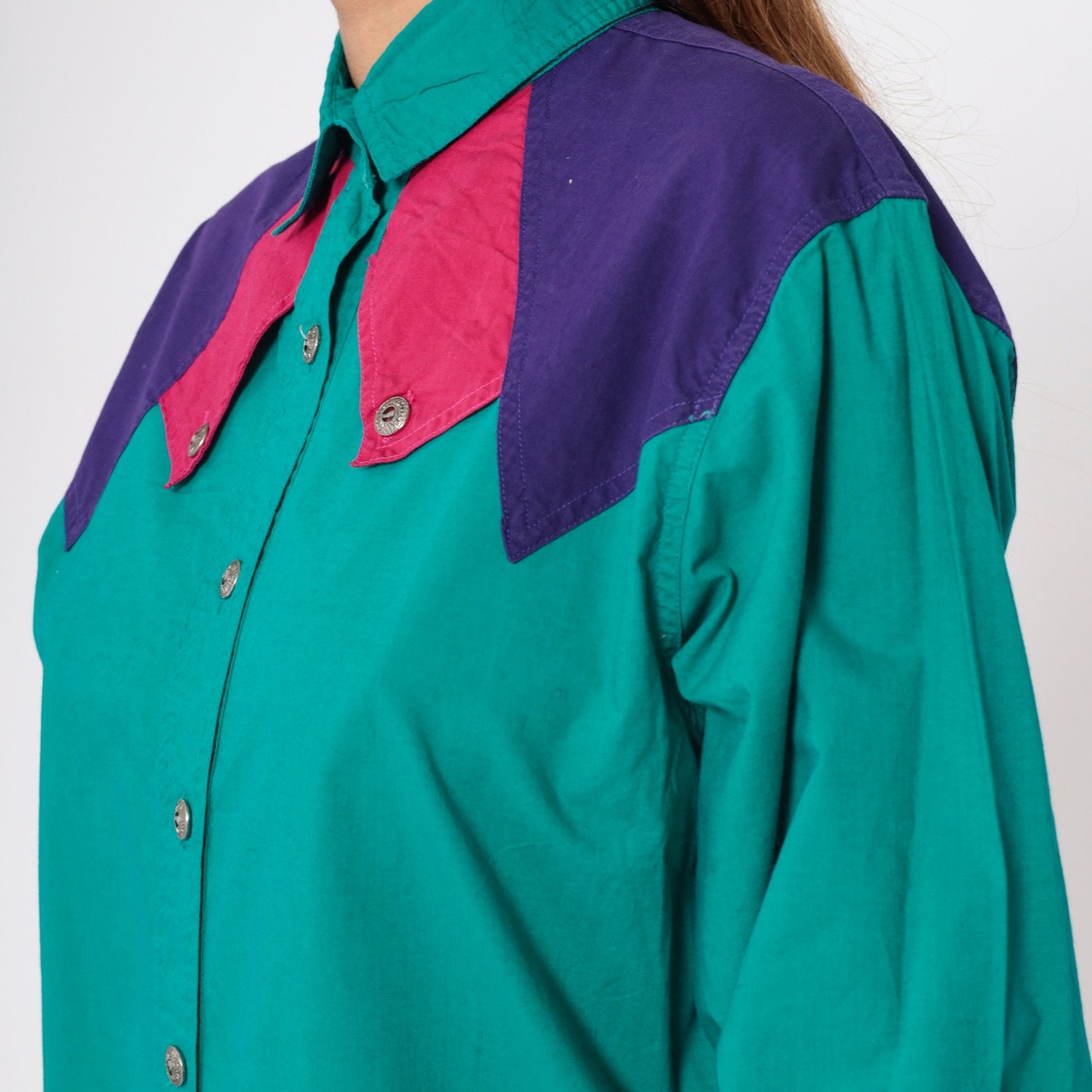 90s Dakota Rodeo Western Blouse Teal Colorblock Yoke Capelet Medium