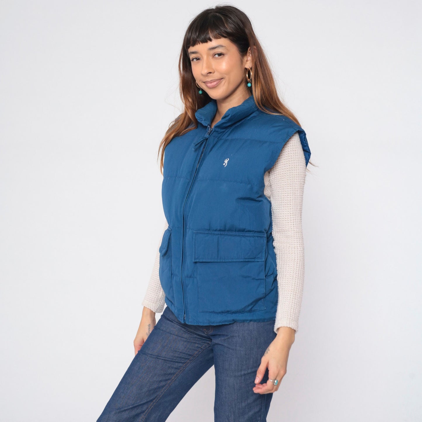 80s Browning Navy Puffer Vest Down Fill Zip Sleeveless Medium
