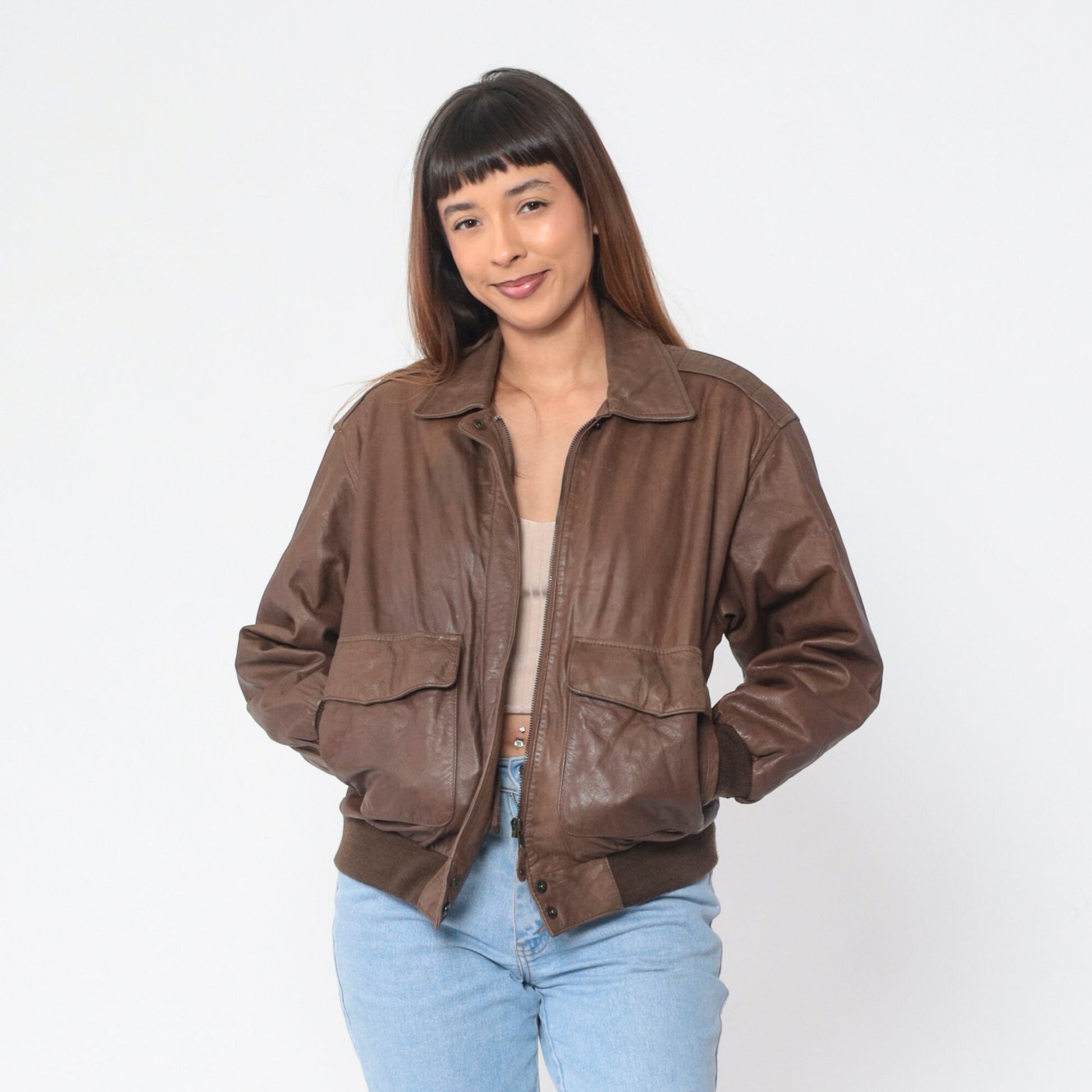 90s Georgetown Leathers Brown Leather Bomber Jacket Small S
