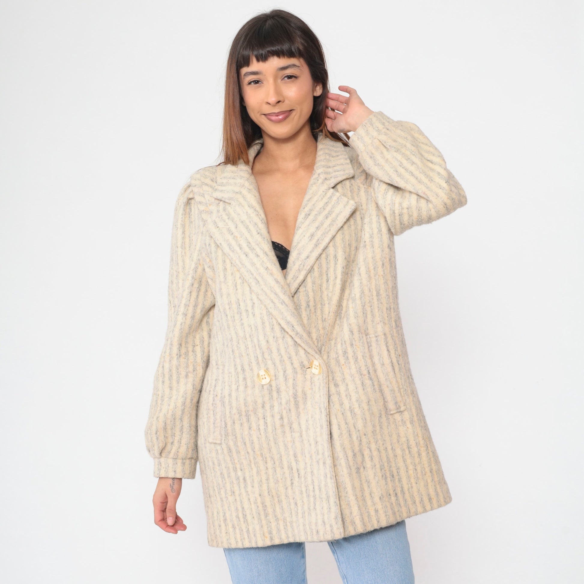 80s Striped Wool Blend Blazer Grey Cream Double Breasted Tailored Medium M