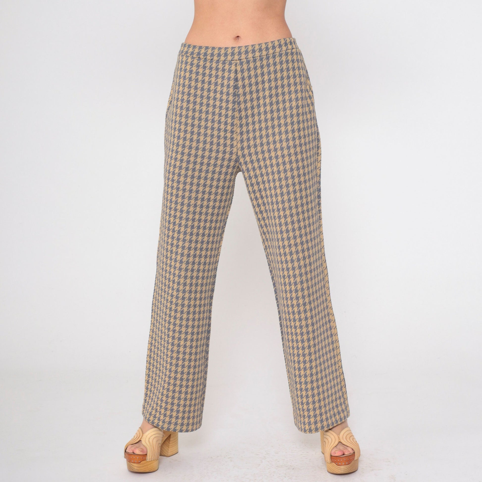 70s Houndstooth Flared Trousers High Waist Grey Tan Checkered Small Medium