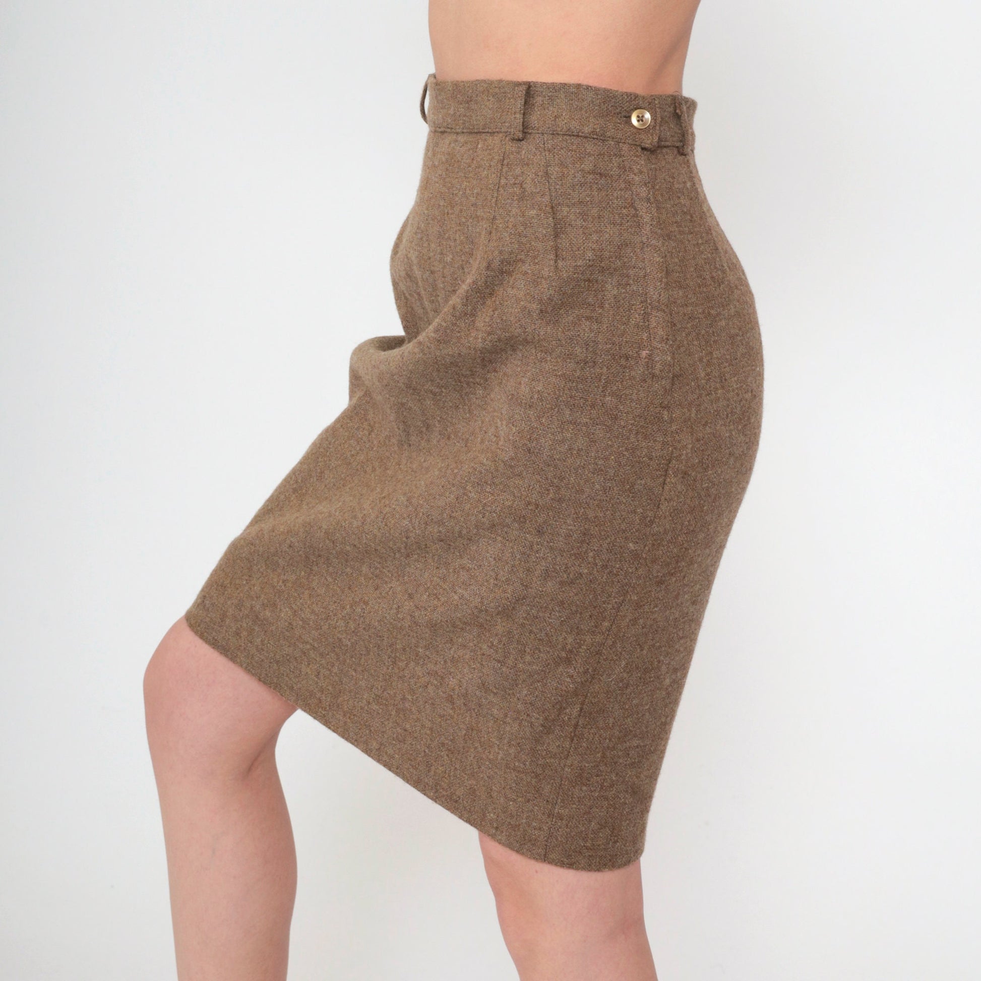 70s Brown Wool Blend Pencil Skirt High Waist Mini Small S