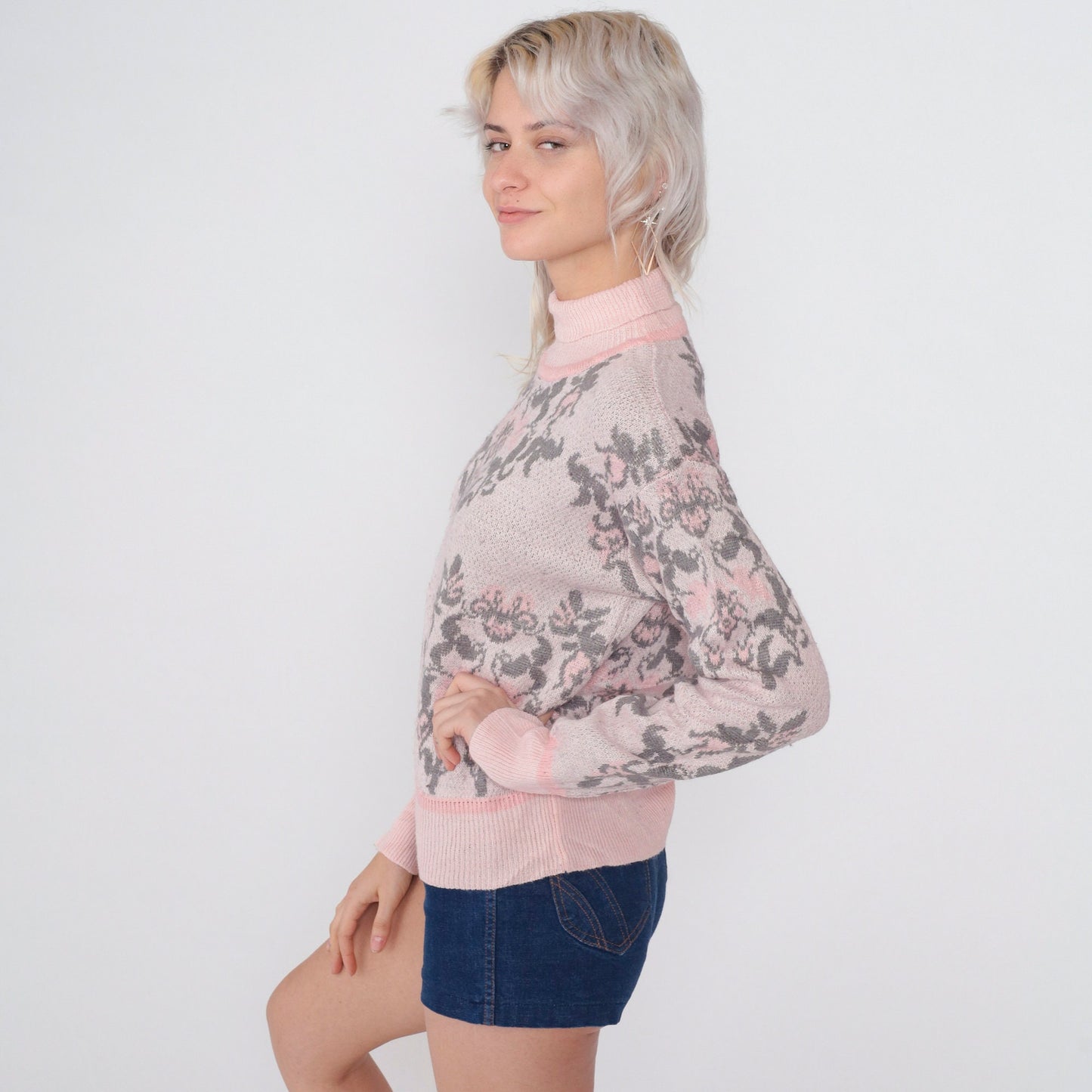 90s Pink Floral Abstract Knit Sweater Mock Neck Wool Blend Small S