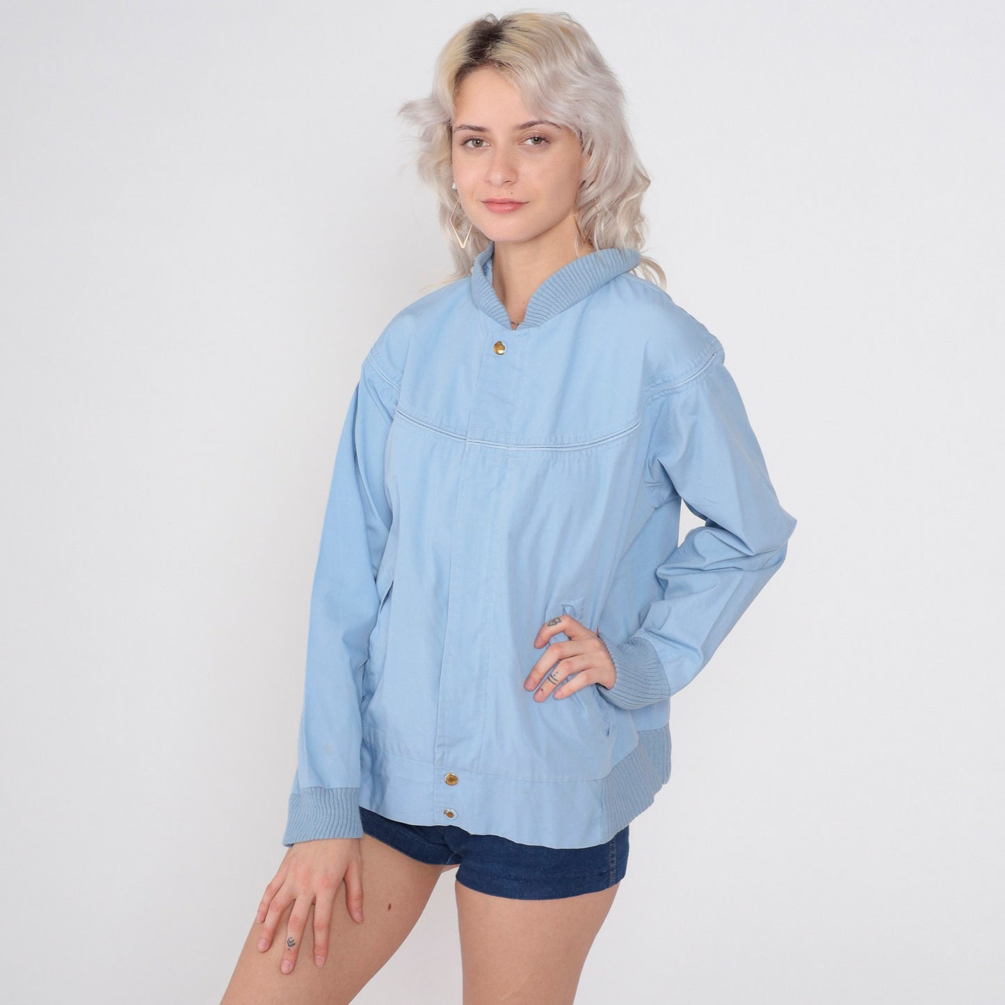 80s Baby Blue Bomber Jacket Windbreaker Zip Snap Front Medium