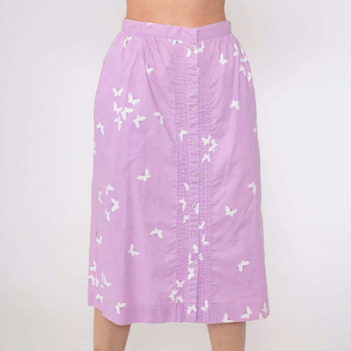 70s Lavender Butterfly Button Skirt High Waist Pintucked Midi Small