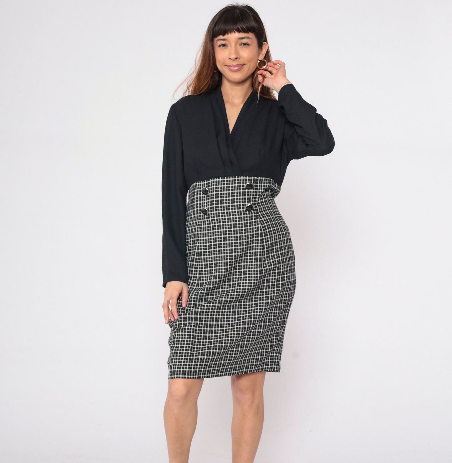 90s Black White Checkered Sheath Dress Surplice Neckline Long Sleeve Medium