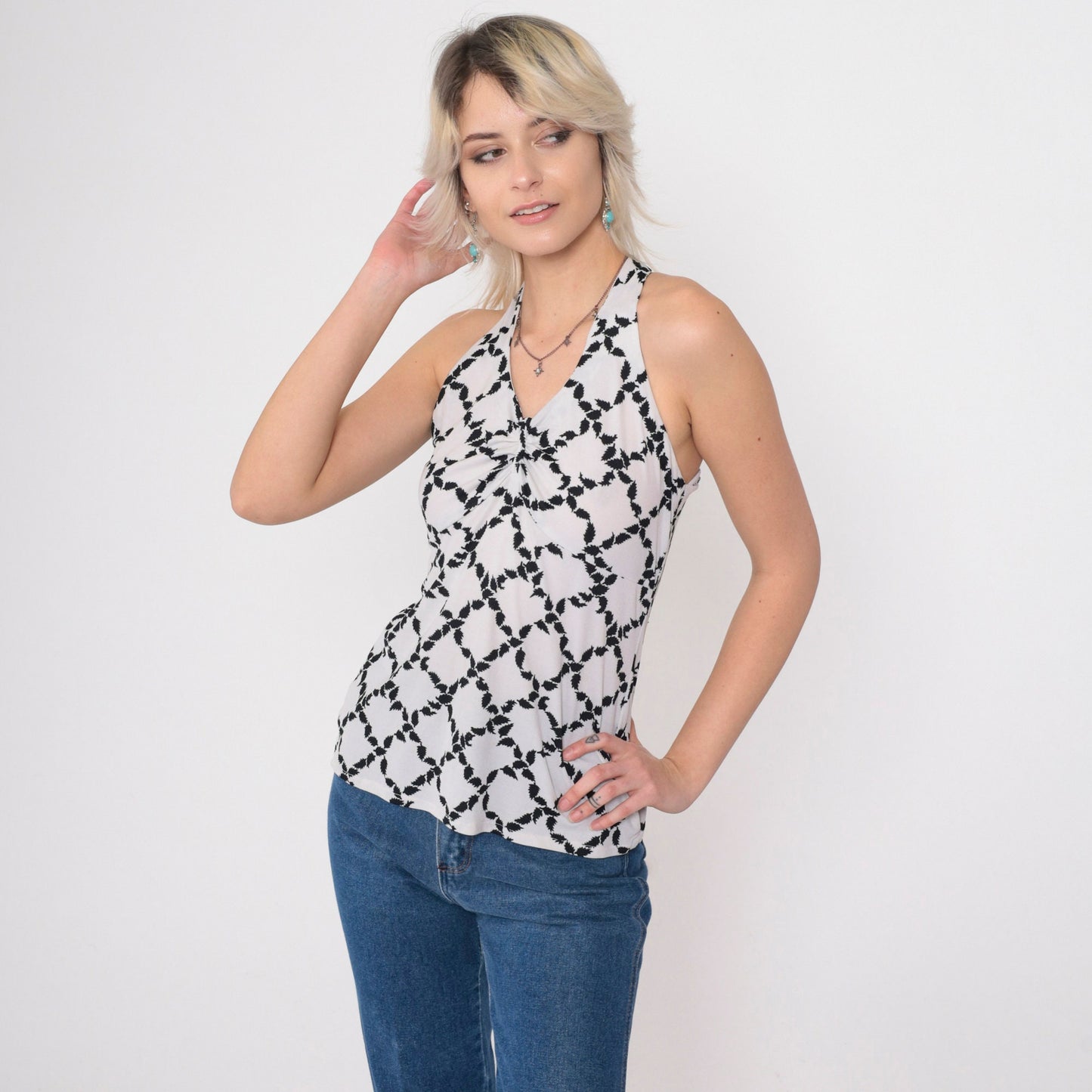70s Halter Tank Top Black White Leaf Print Racerback Small
