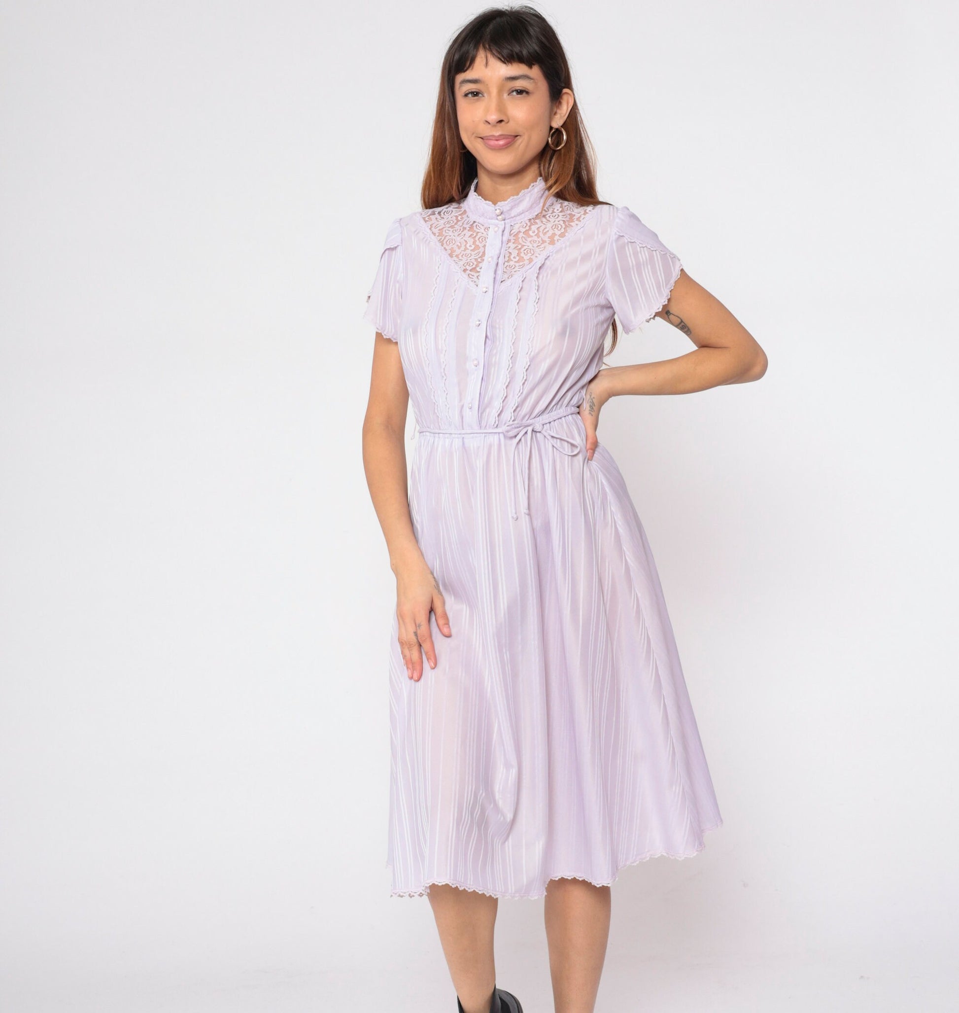 70s Lavender Striped Prairie Dress Lace Yoke Button-Up Tulip Sleeve Small