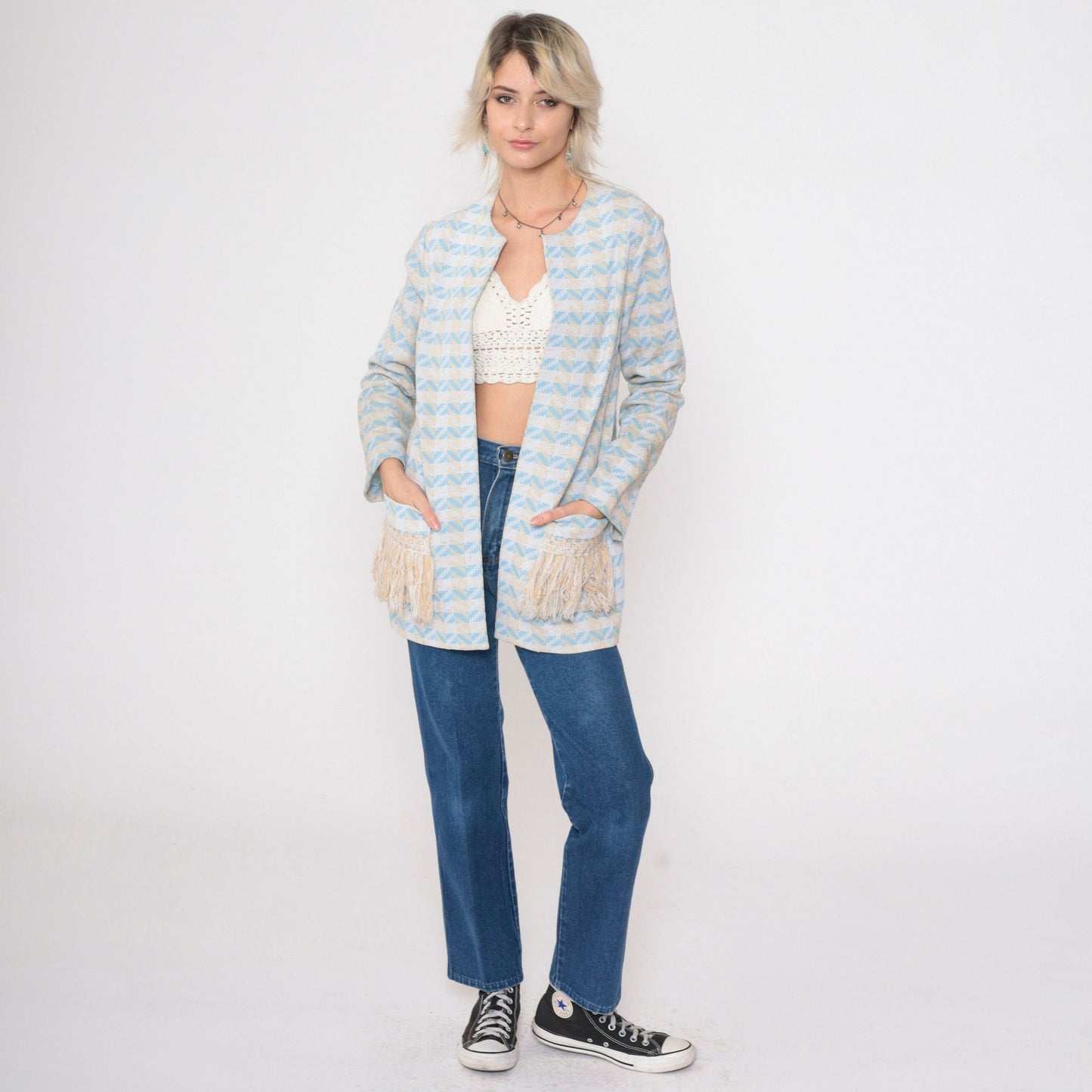 70s Nardis of Dallas Baby Blue Checkered Chevron Open Front Jacket Small Medium