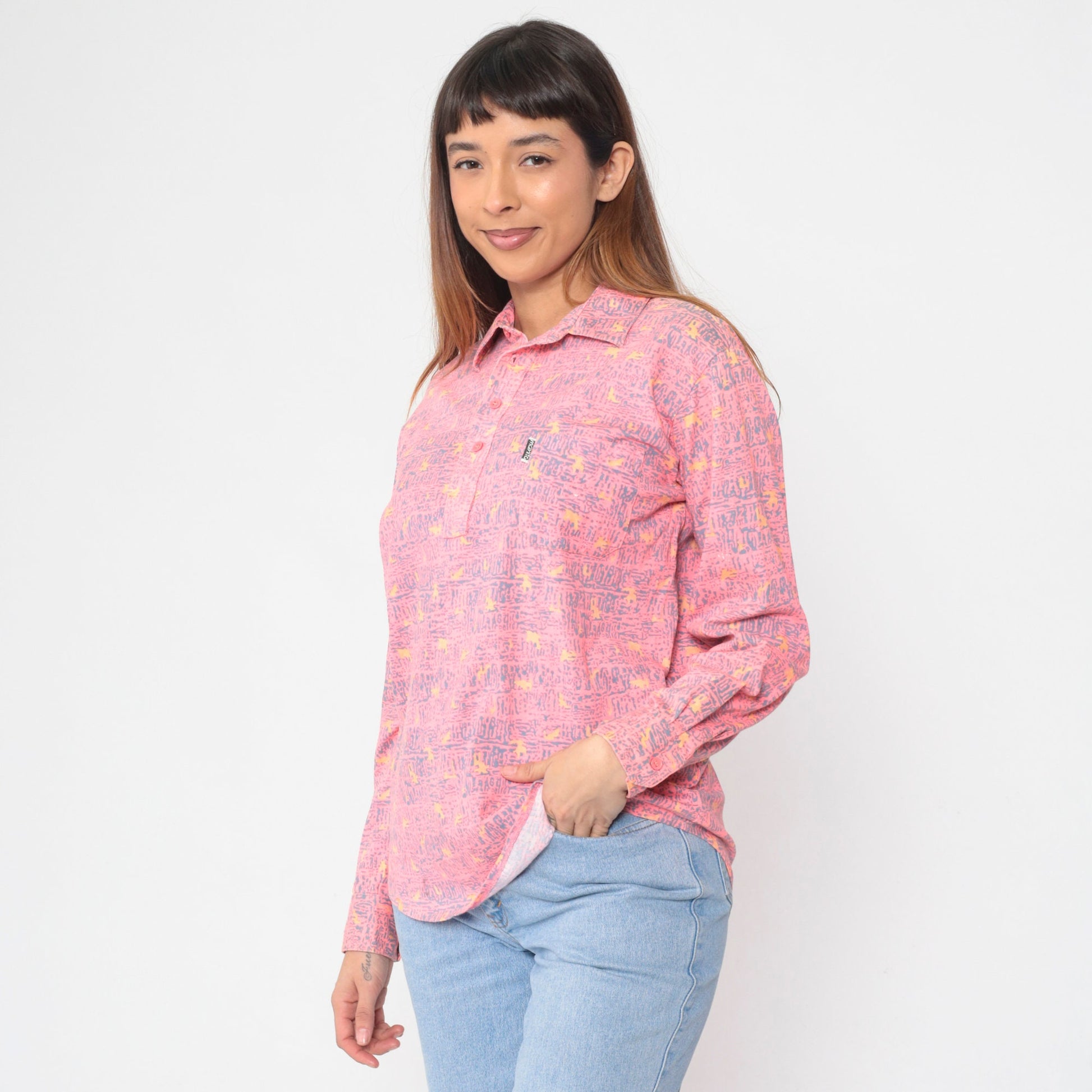90s Manito Menswear Pink Abstract Print Polo Shirt Long Sleeve Small S