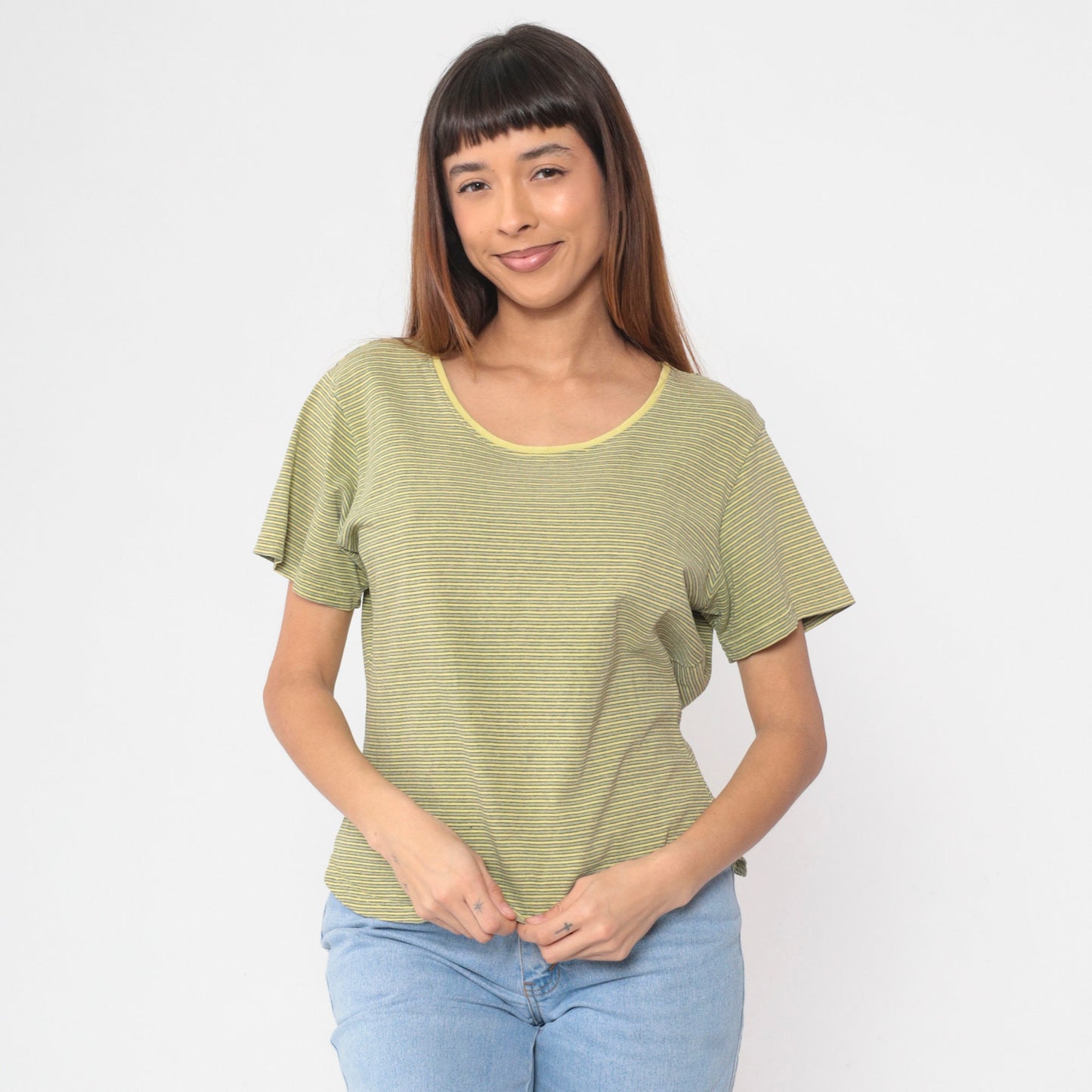 90s Gramicci Striped Yellow Scoop Neck T-Shirt Cotton Short Sleeve Large