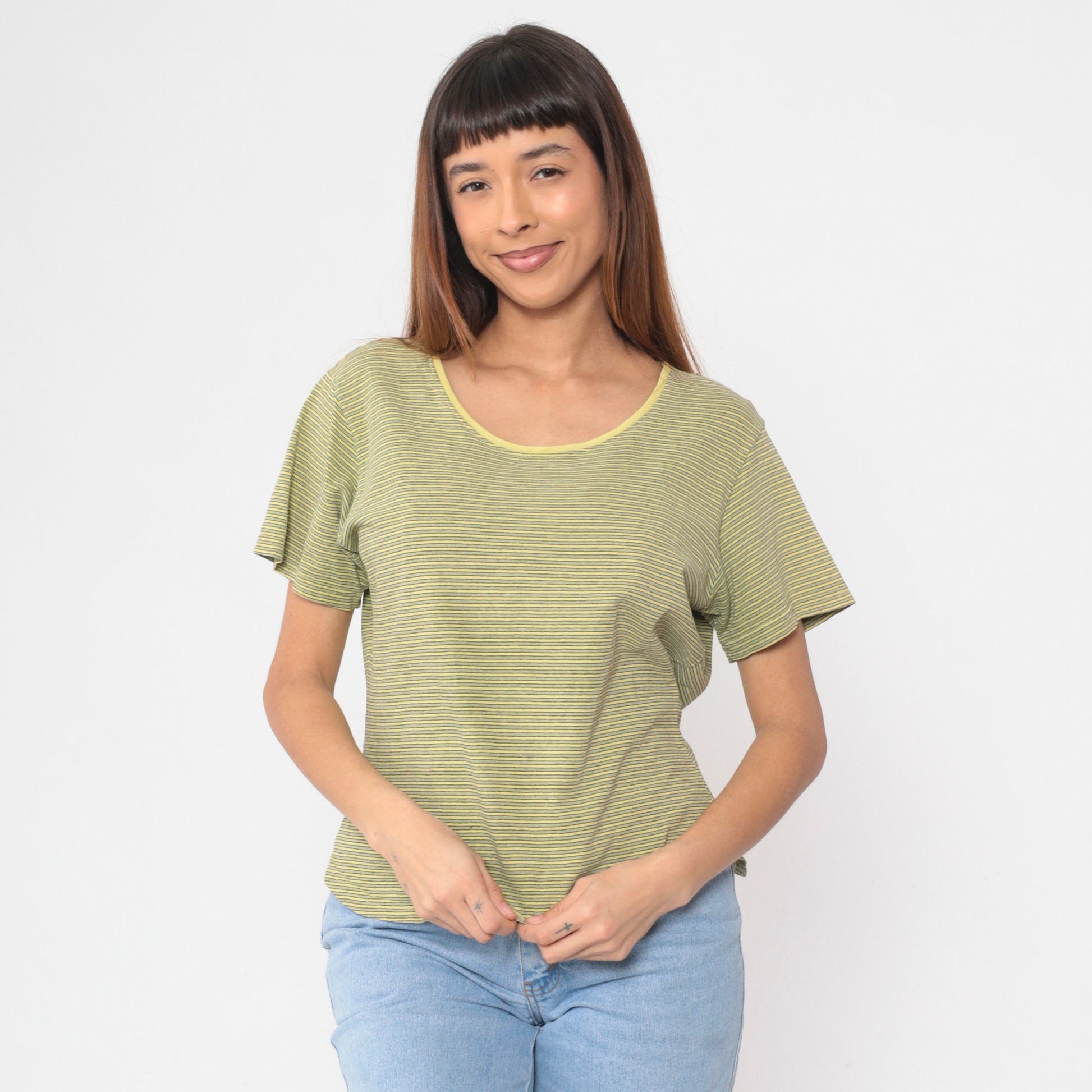 90s Gramicci Striped Yellow Scoop Neck T-Shirt Cotton Short Sleeve Large