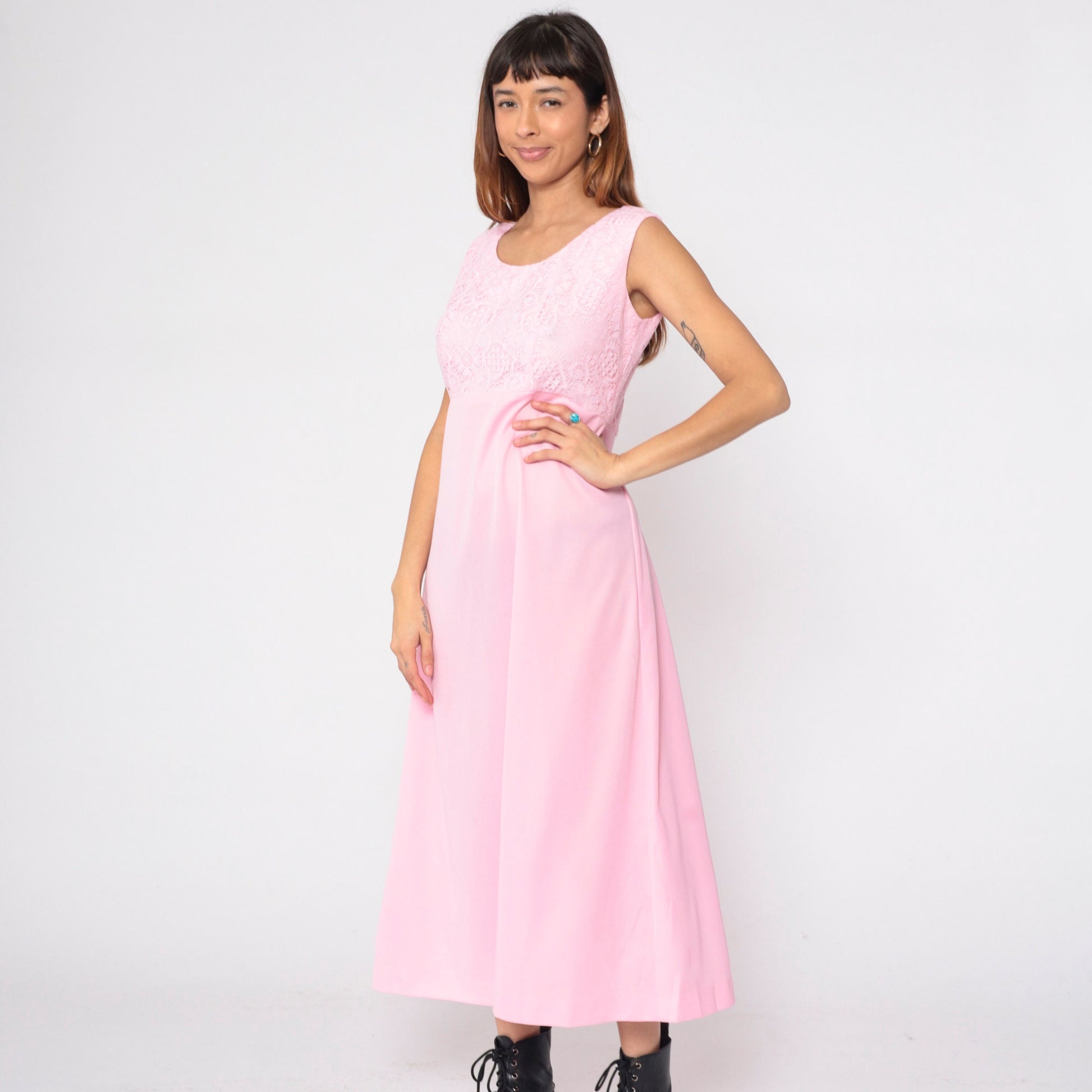 70s Pink Lace Maxi Dress High Waist Scoop Neck Sleeveless Medium