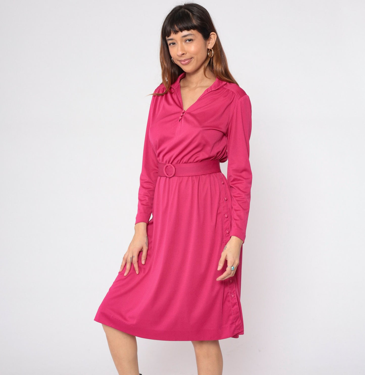 70s Leslie Faye Midi Dress Pink Blouson Long Sleeve Belted Small
