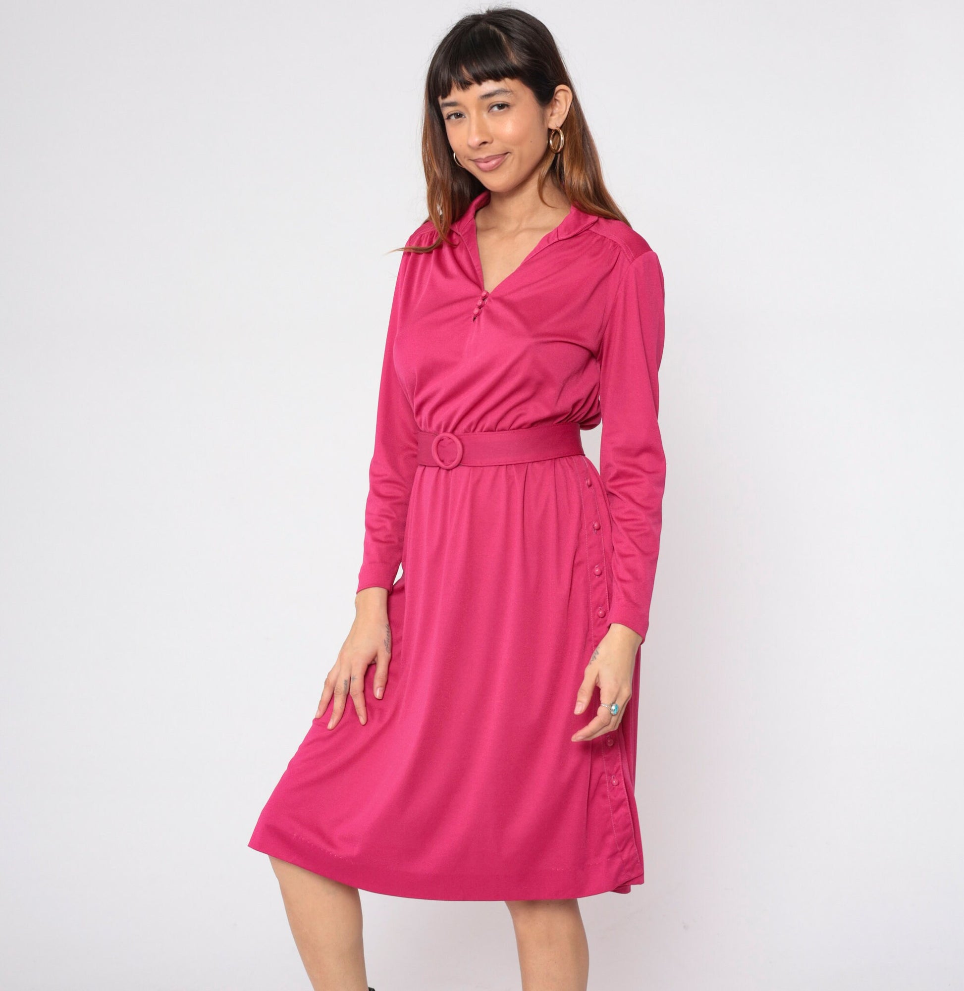 70s Leslie Faye Midi Dress Pink Blouson Long Sleeve Belted Small