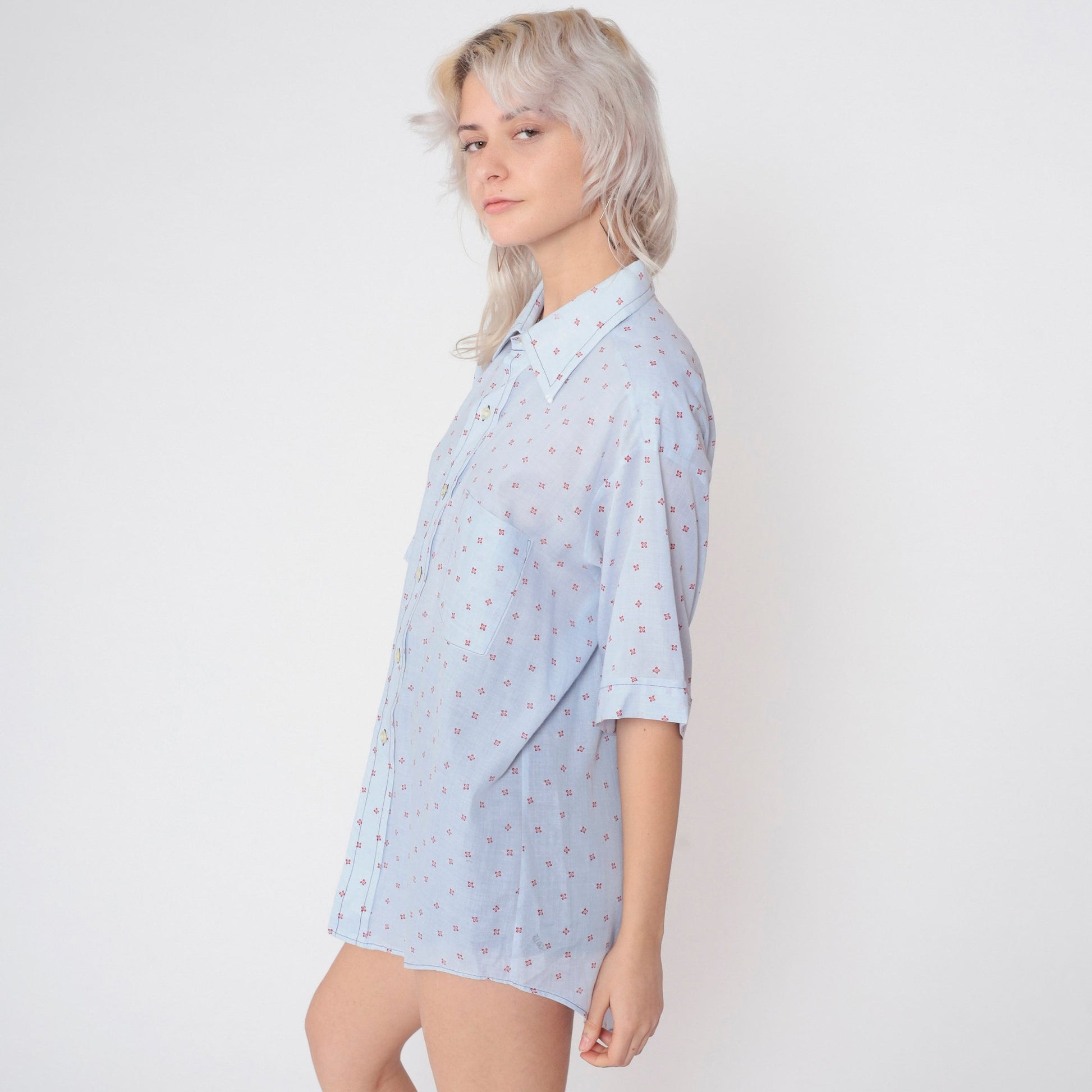 70s Van Heusen Floral Button-Up Shirt Baby Blue Flower Print Men's XXL