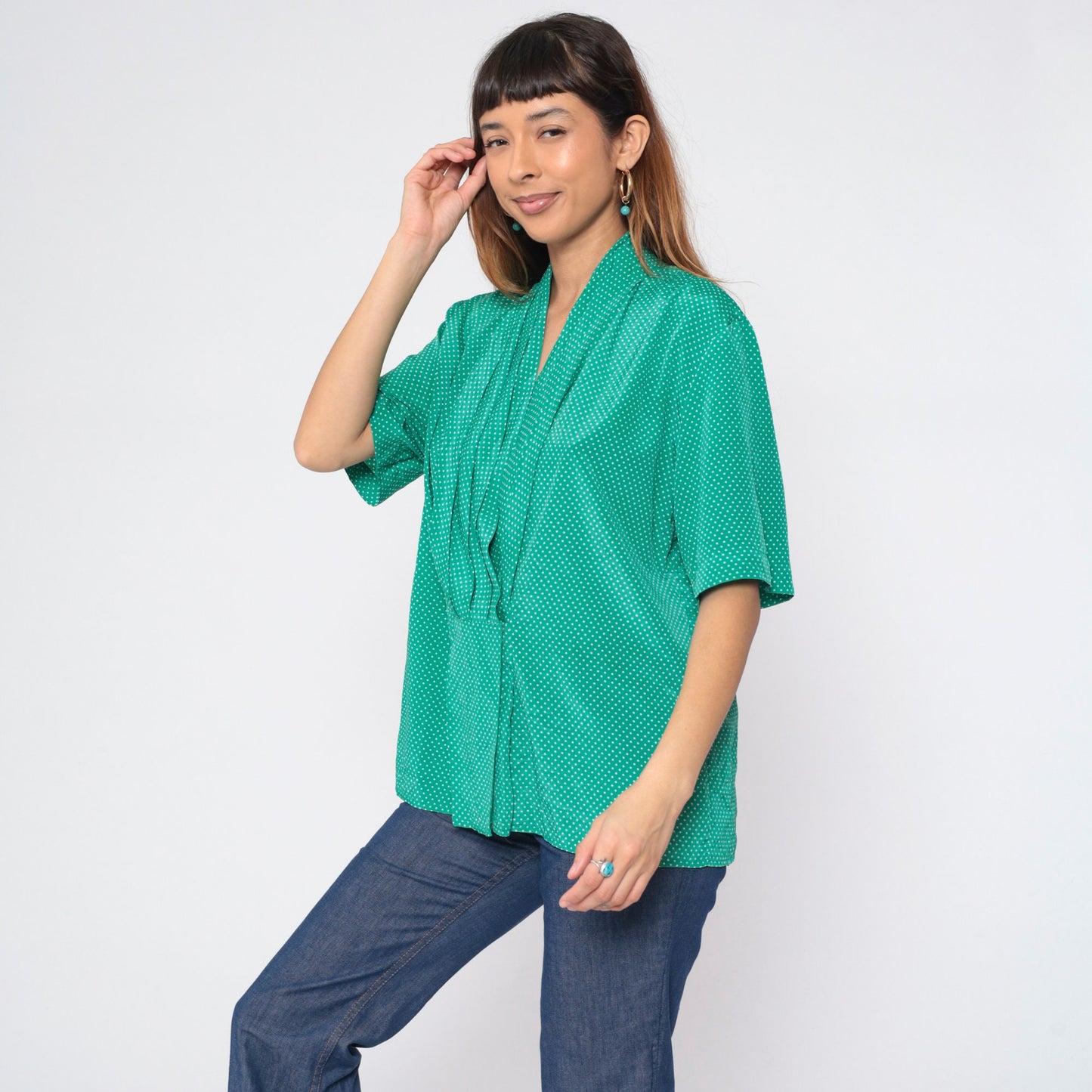 90s Green Polka Dot Blouse V-Neck Pleated Short Sleeve Shirt Large L