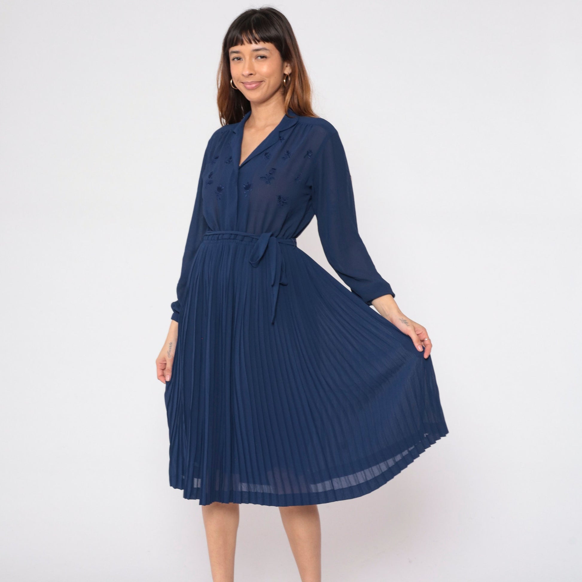 70s Navy Floral Sheer Dress High Waist Pleated Midi Long Sleeve Small