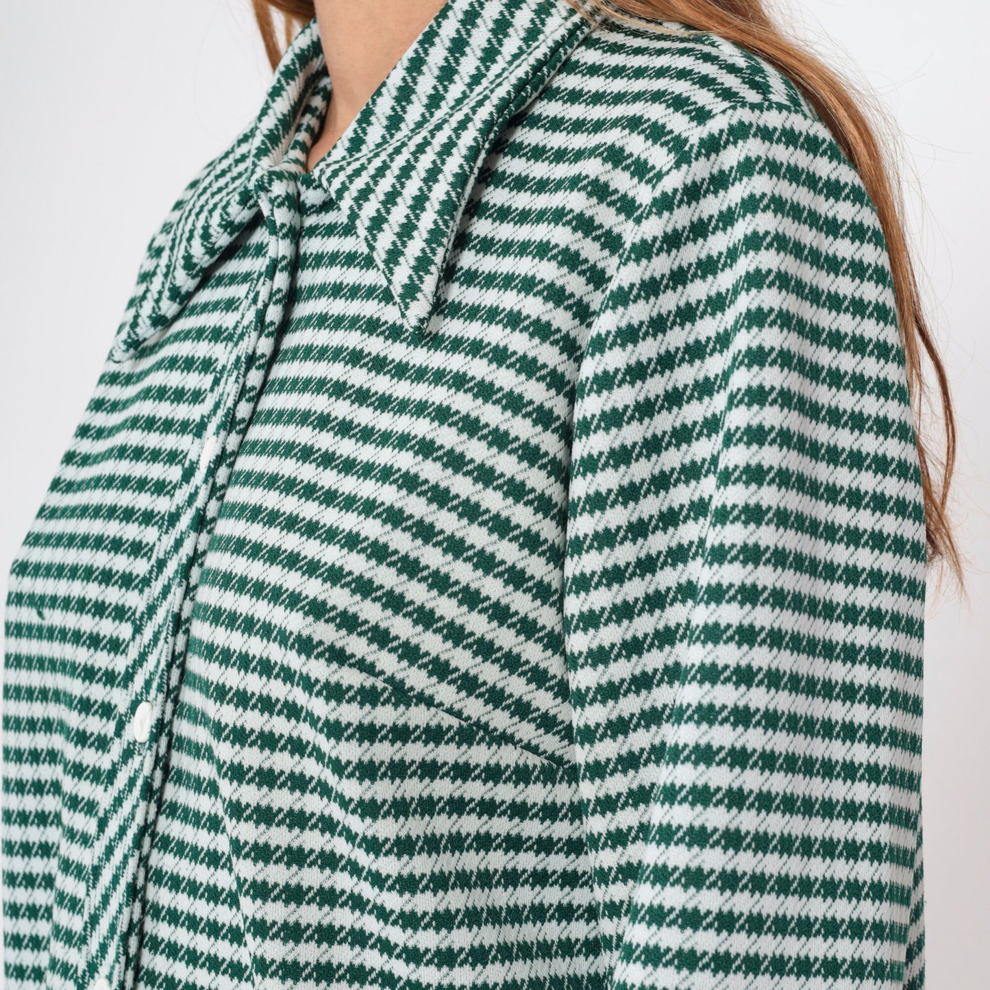 70s Green White Checkered Button-Up Blouse Long Sleeve Collared Shirt Extra Large