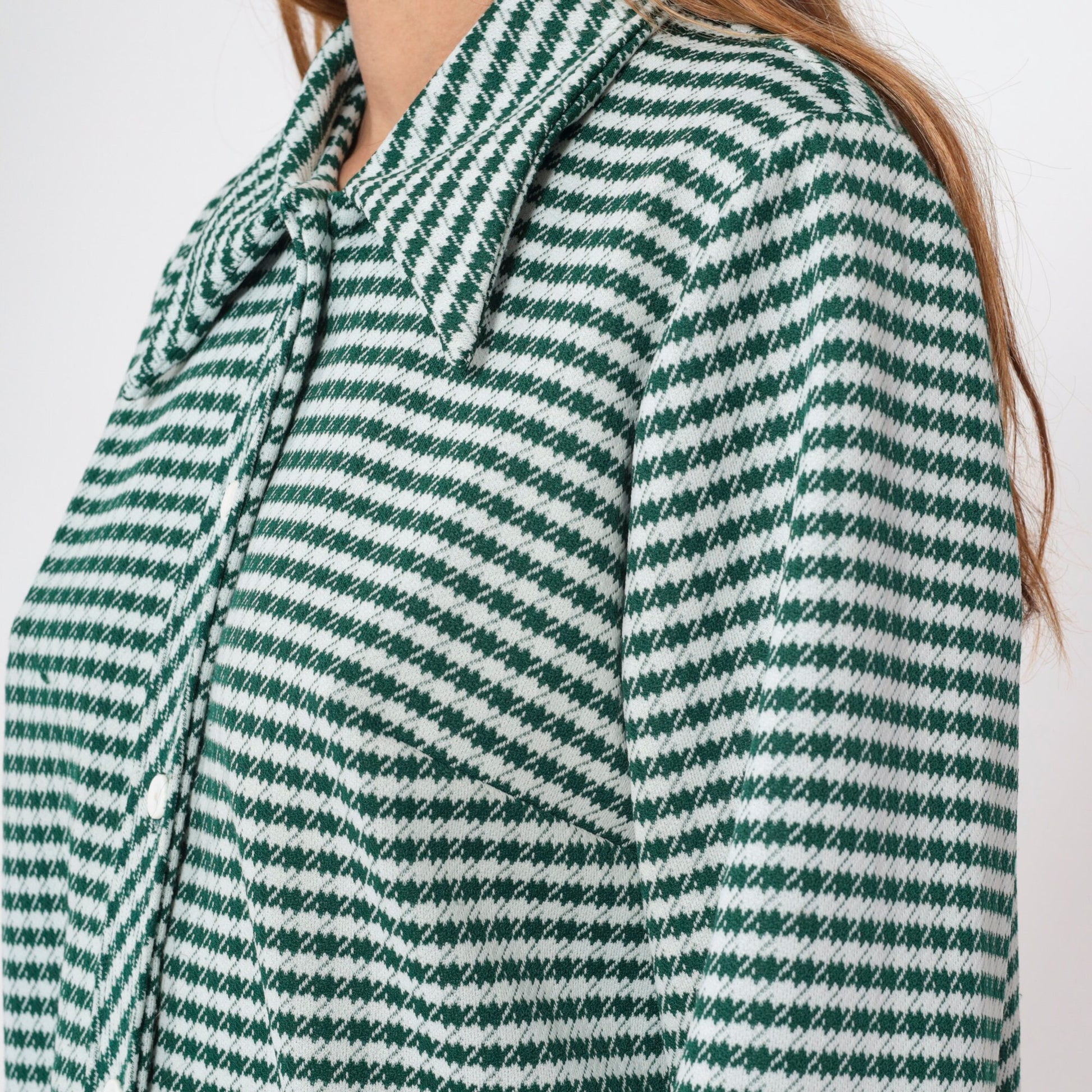 70s Green White Checkered Button-Up Blouse Long Sleeve Collared Shirt Extra Large