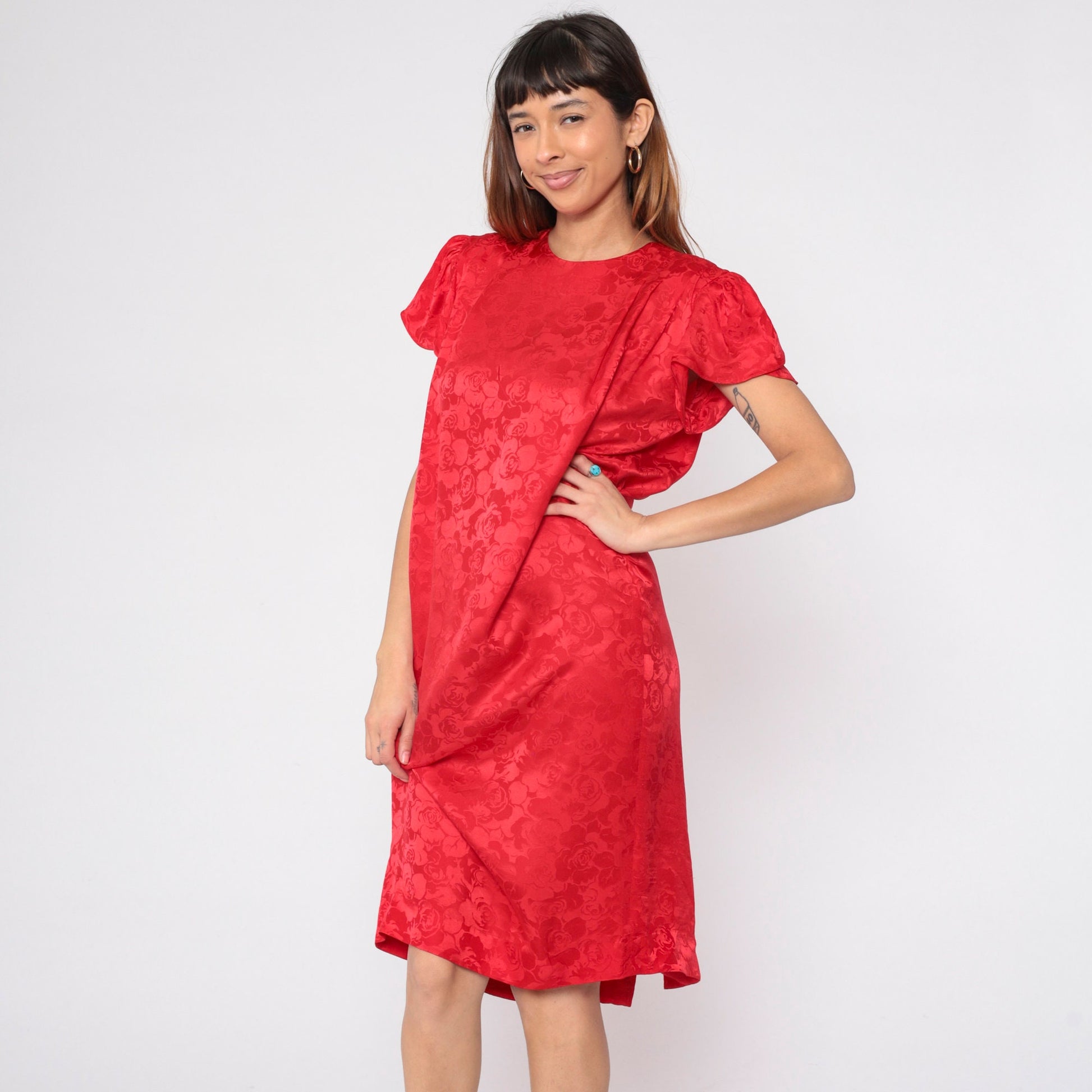 80s Lauren Alexandra Red Silk Floral Midi Dress Puff Sleeve Medium 10