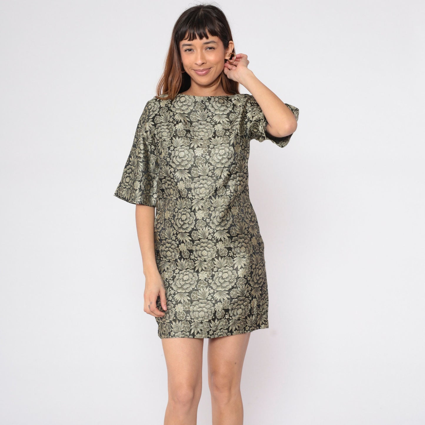 60s Gold Brocade Floral Mini Dress Bell Sleeve Shift Small S