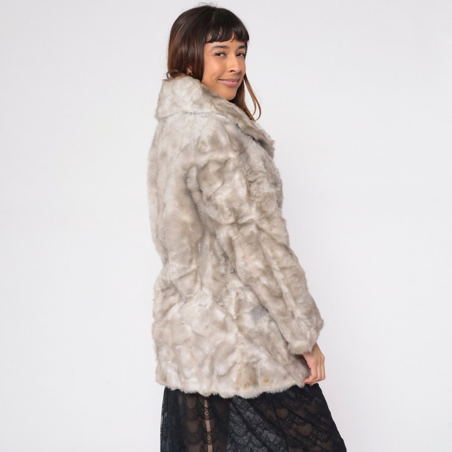 70s Sears Grey Faux Fur Coat Button Front Small